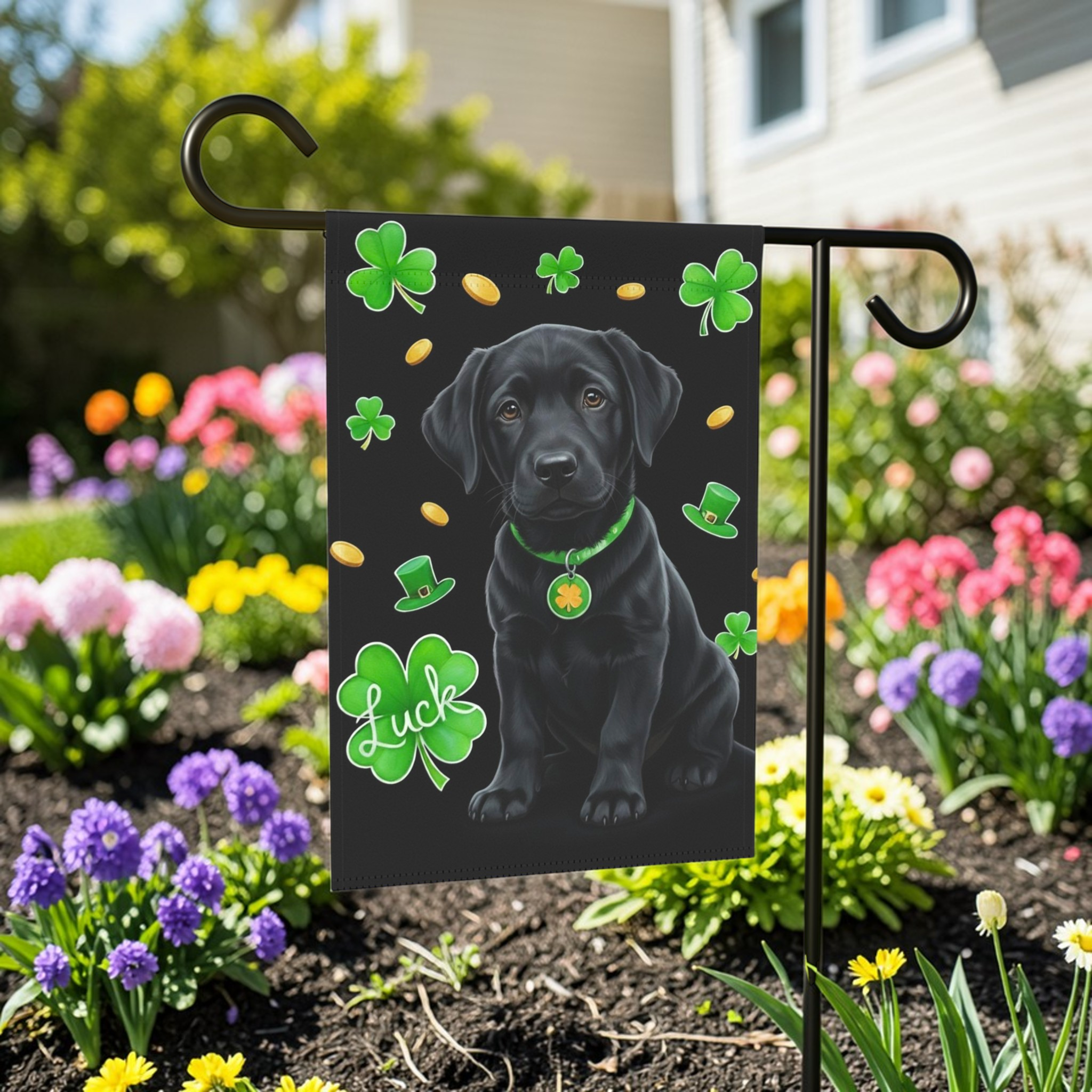 Luck Black Labrador Retriever Puppy St. Patrick's Day Garden Flag - front view - Dragonfire Gardens
