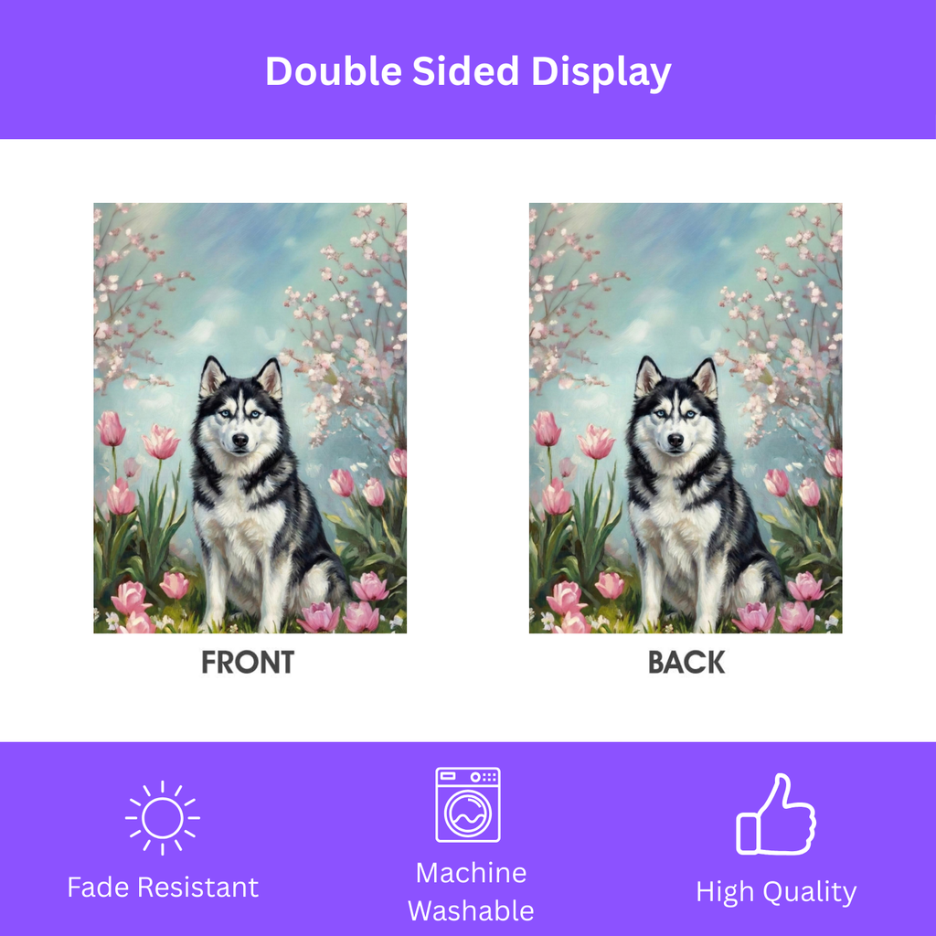 Husky in Tulips Spring Garden Flag