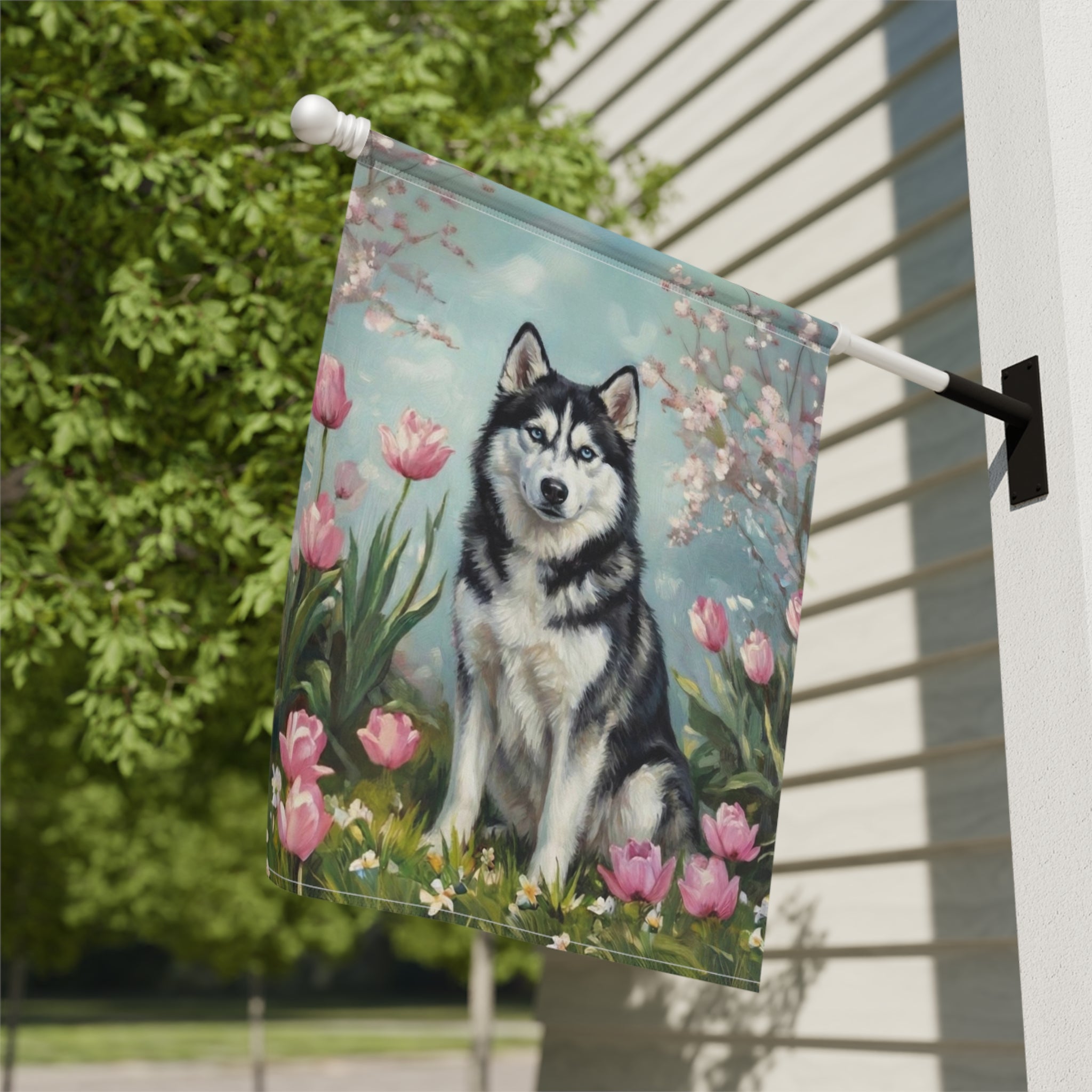 Husky in Tulips Spring Garden Flag