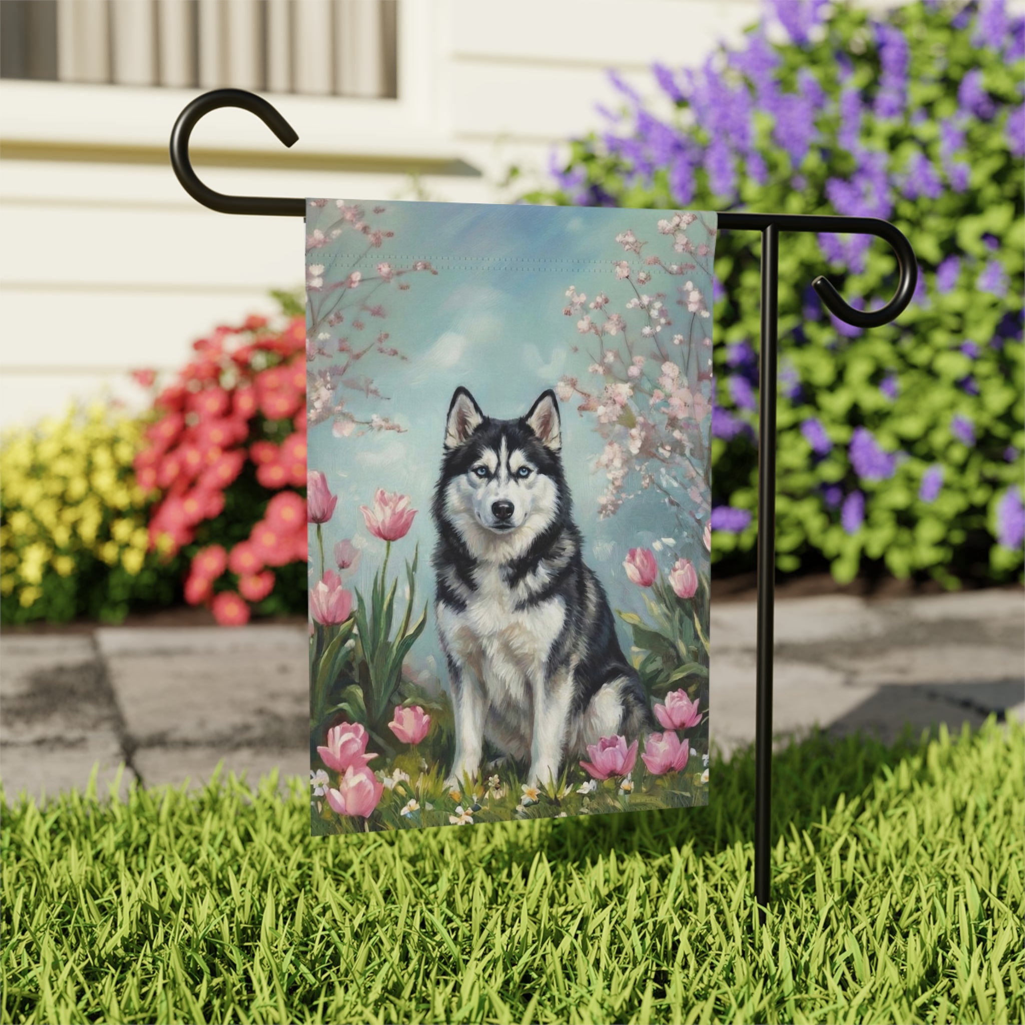 Husky in Tulips Spring Garden Flag