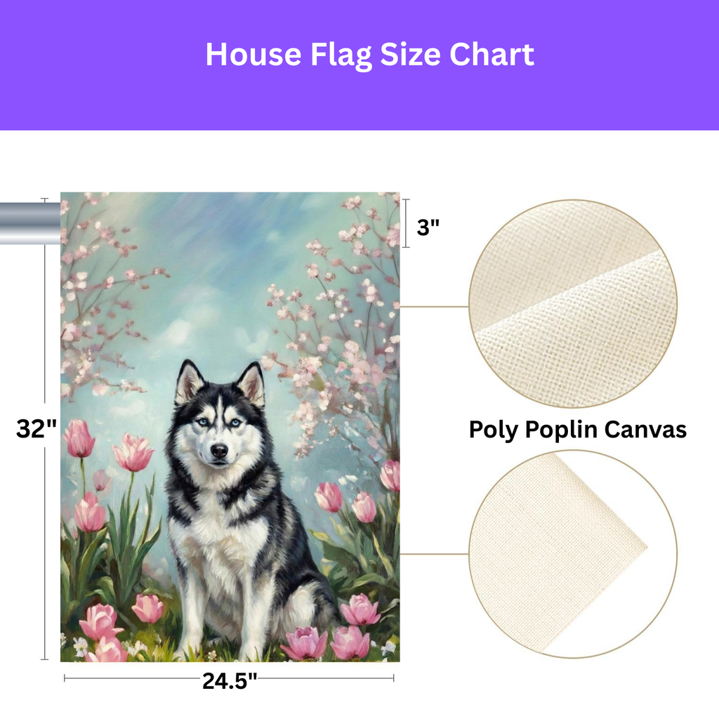 Husky in Tulips Spring Garden Flag