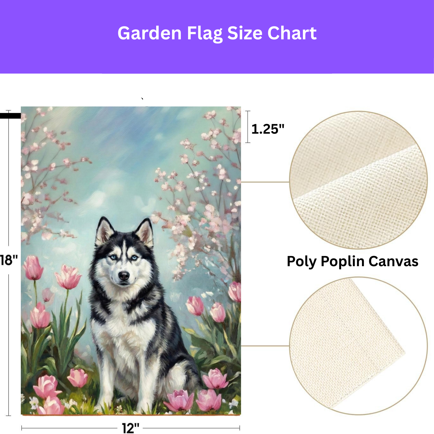 Husky in Tulips Spring Garden Flag