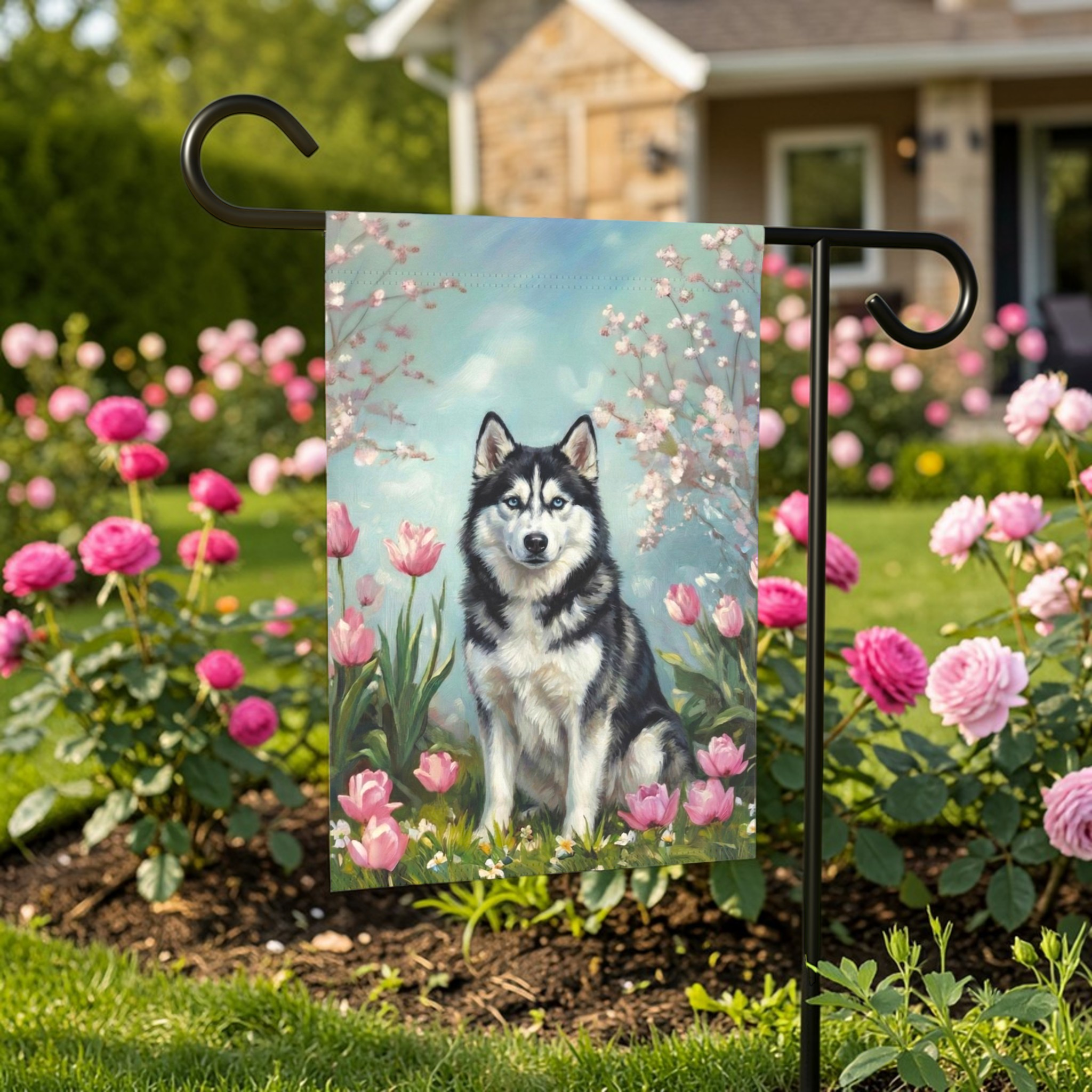 Husky in Tulips Spring Garden Flag