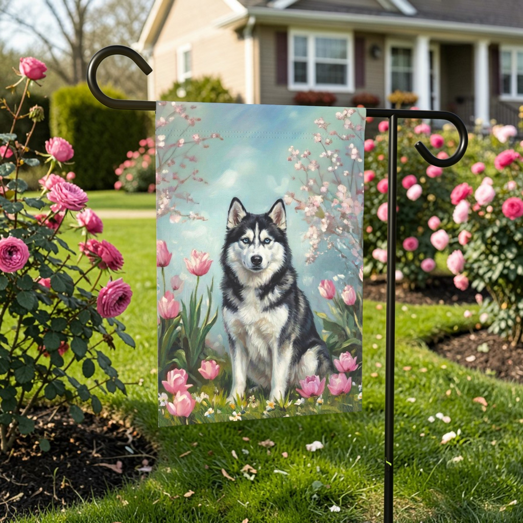 Husky in Tulips Spring Garden Flag