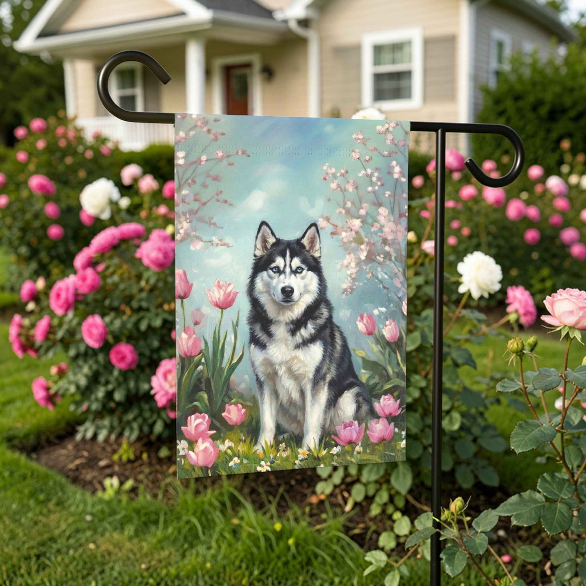 Husky in Tulips Spring Garden Flag