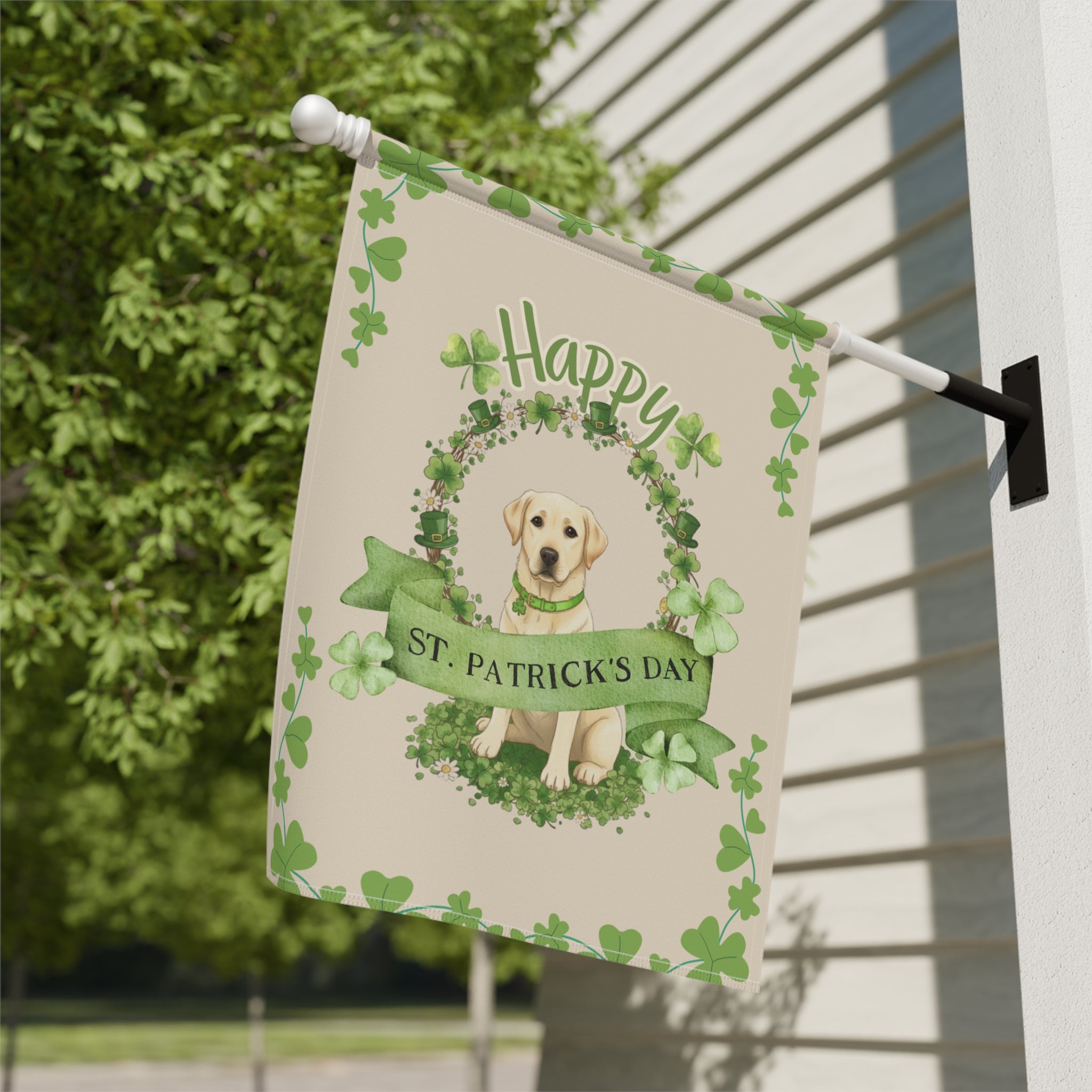 Happy St. Patrick's Day Yellow Labrador Retriever Garden Flag - close-up detail - Dragonfire Gardens