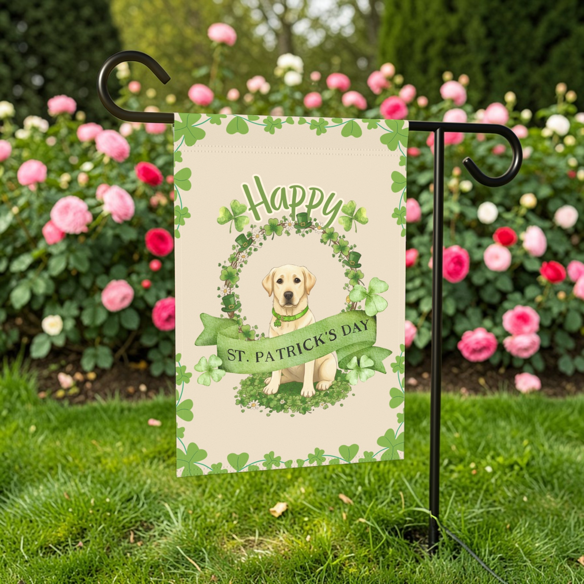 Happy St. Patrick's Day Yellow Labrador Retriever Garden Flag - size comparison - Dragonfire Gardens