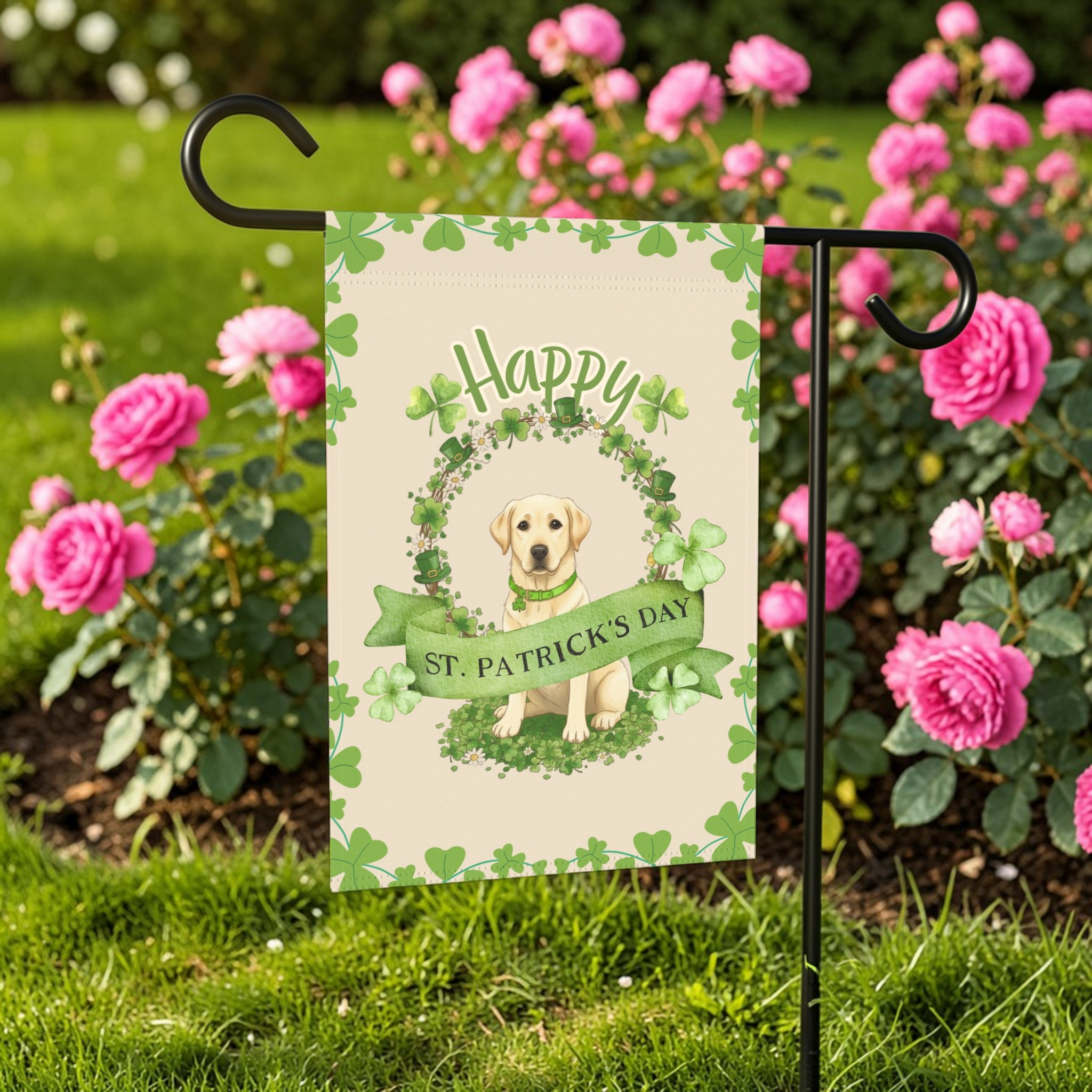 Happy St. Patrick's Day Yellow Labrador Retriever Garden Flag - front view - Dragonfire Gardens