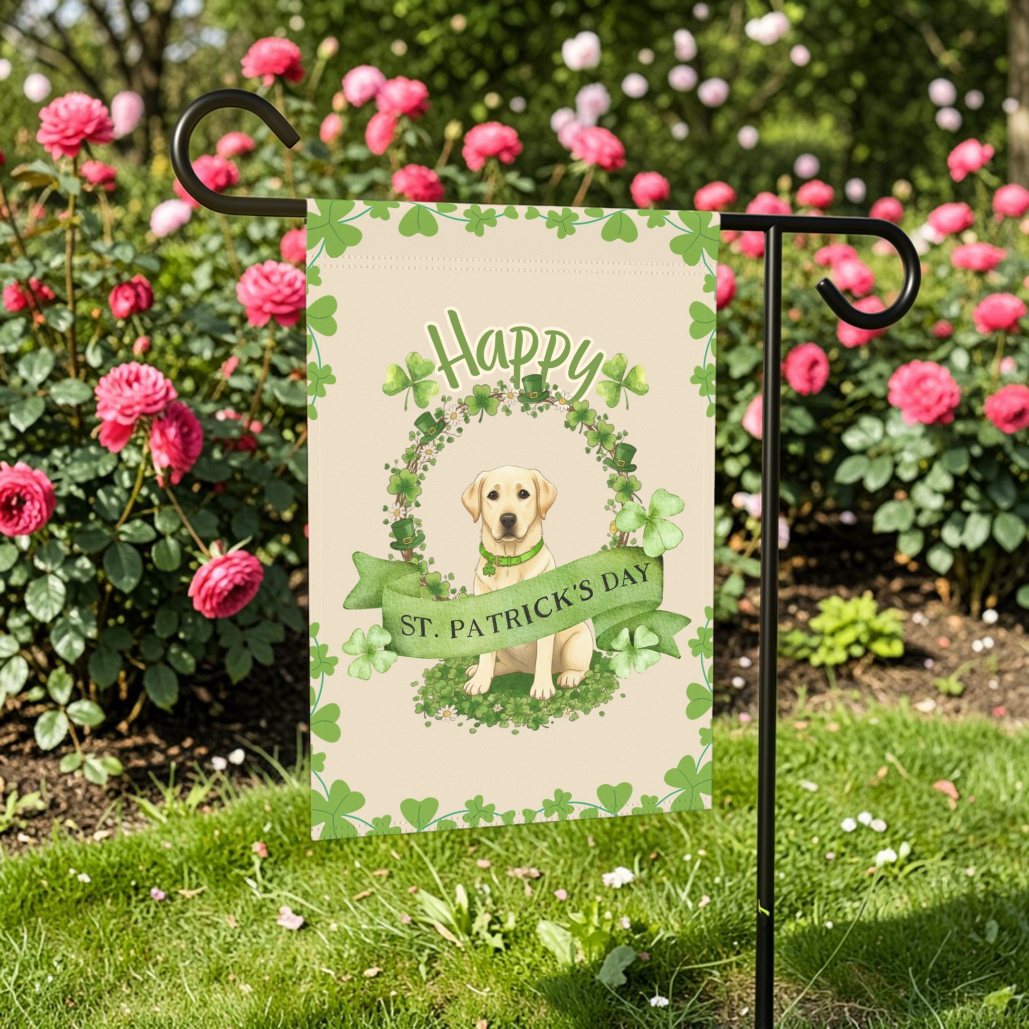 Happy St. Patrick's Day Yellow Labrador Retriever Garden Flag - lifestyle display - Dragonfire Gardens