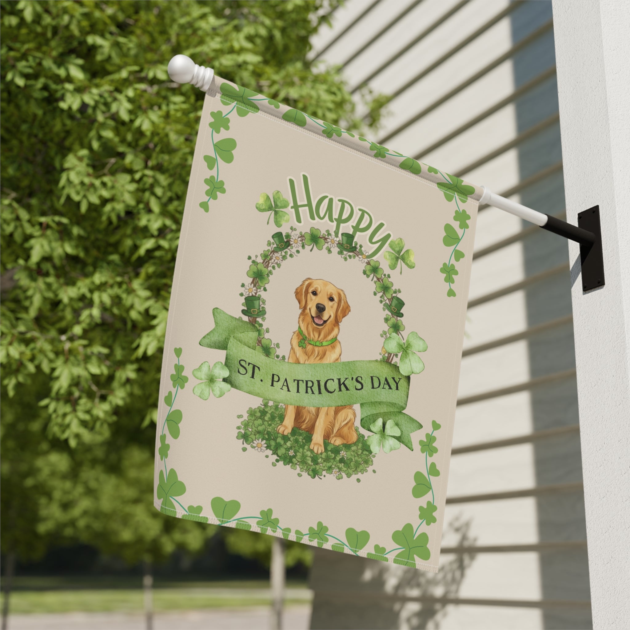Happy St. Patrick’s Day Golden Retriever Garden Flag - close-up detail - Dragonfire Gardens