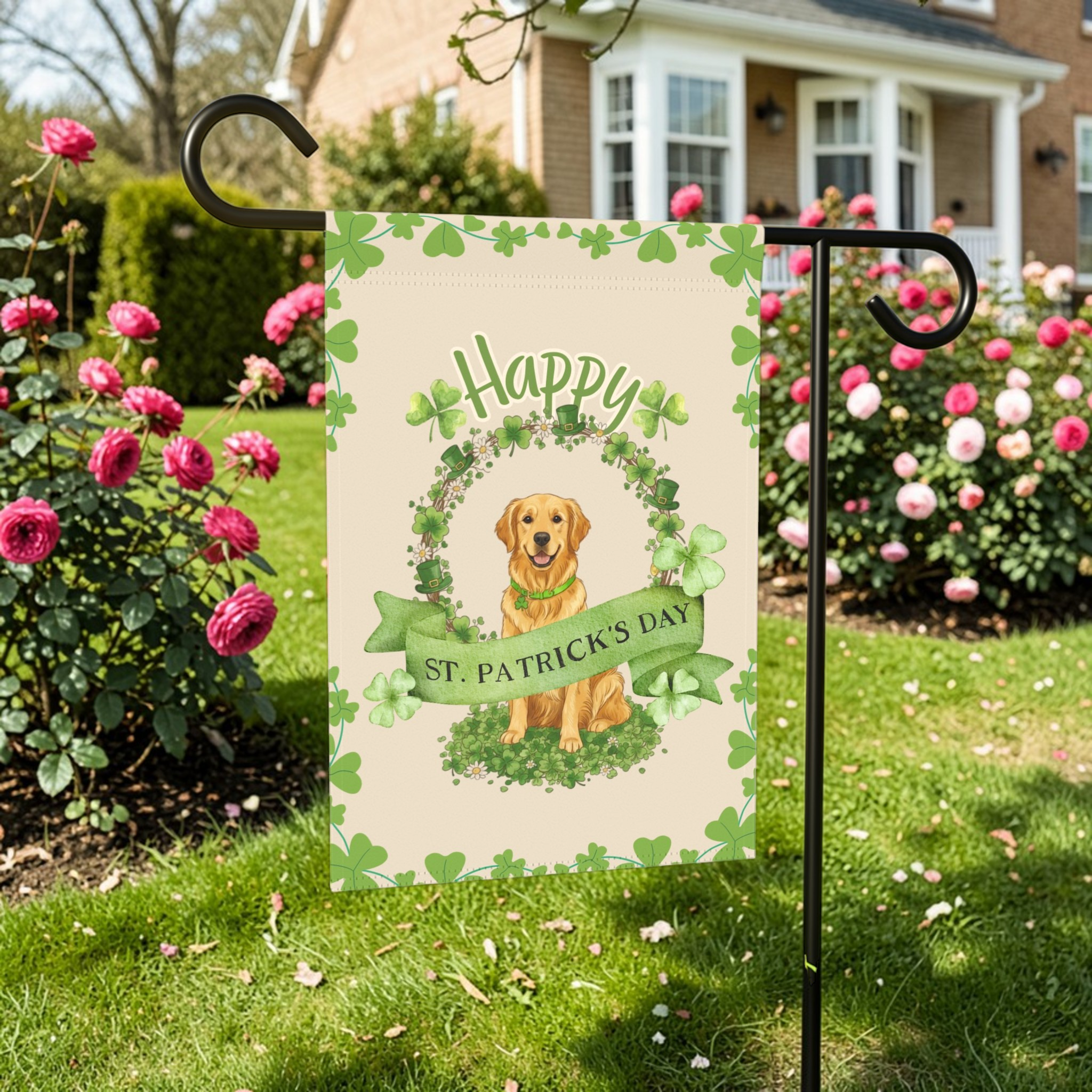 Happy St. Patrick’s Day Golden Retriever Garden Flag