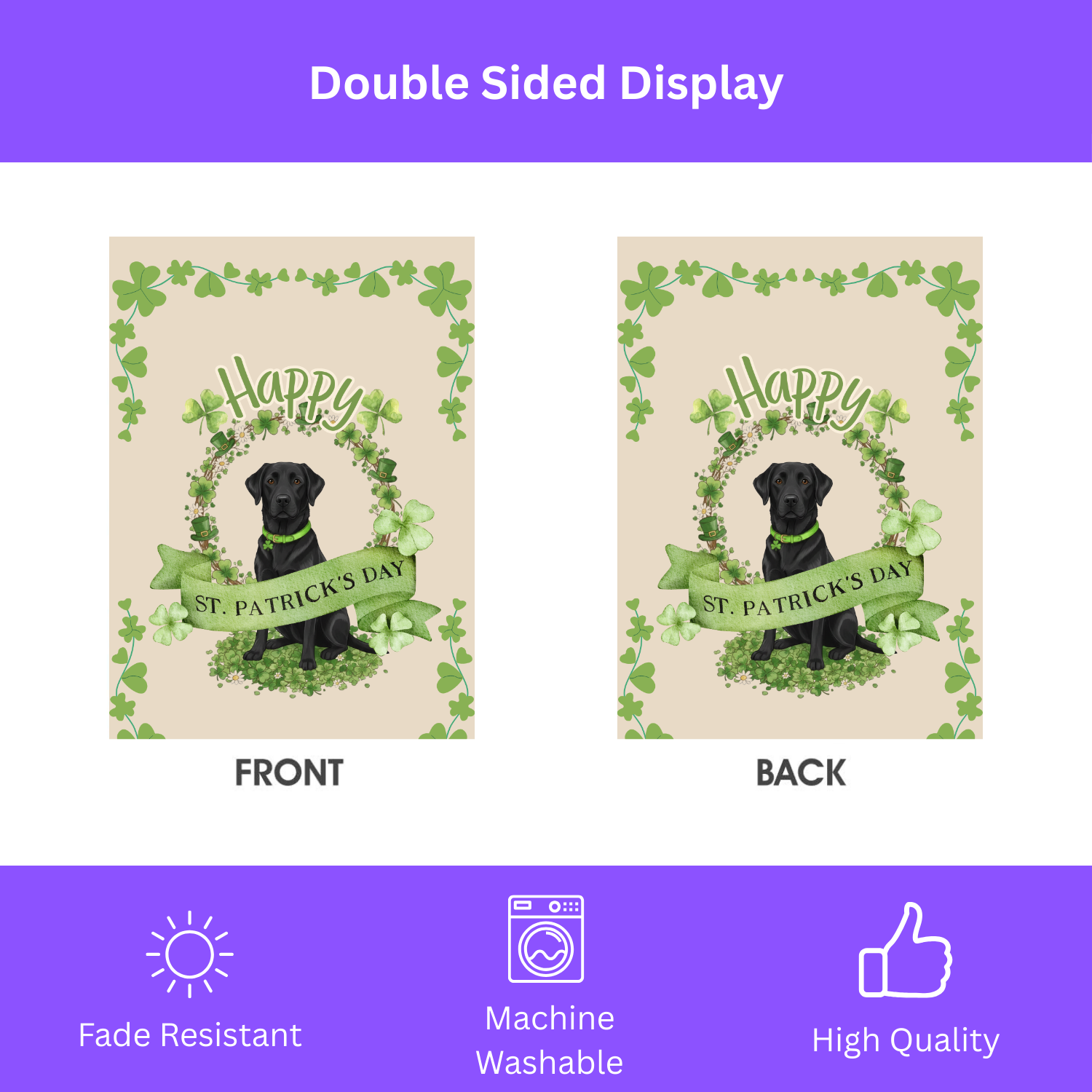 Happy St. Patrick's Day Black Labrador Retriever Garden Flag - double-sided design - Dragonfire Gardens