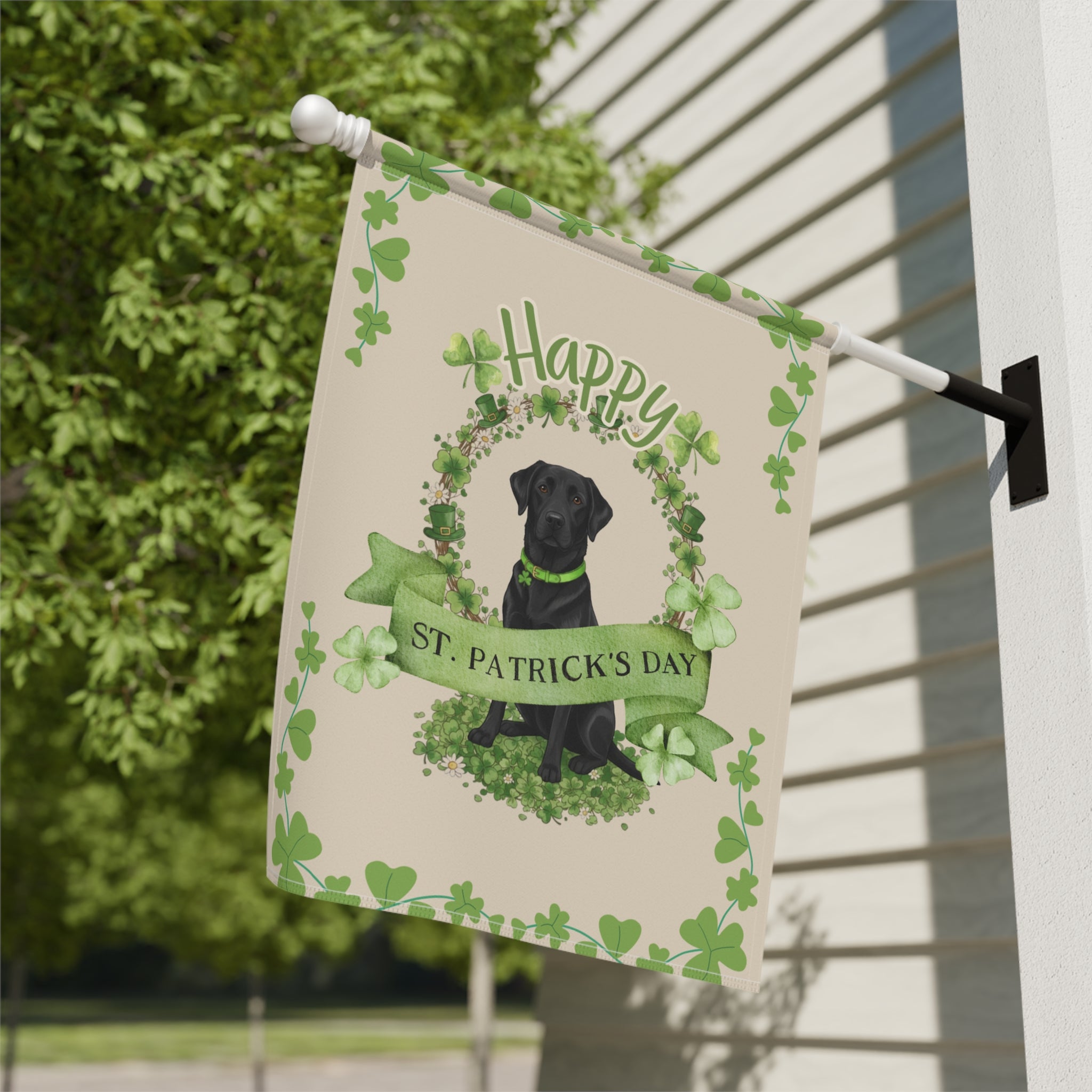 Happy St. Patrick's Day Black Labrador Retriever Garden Flag - close-up detail - Dragonfire Gardens