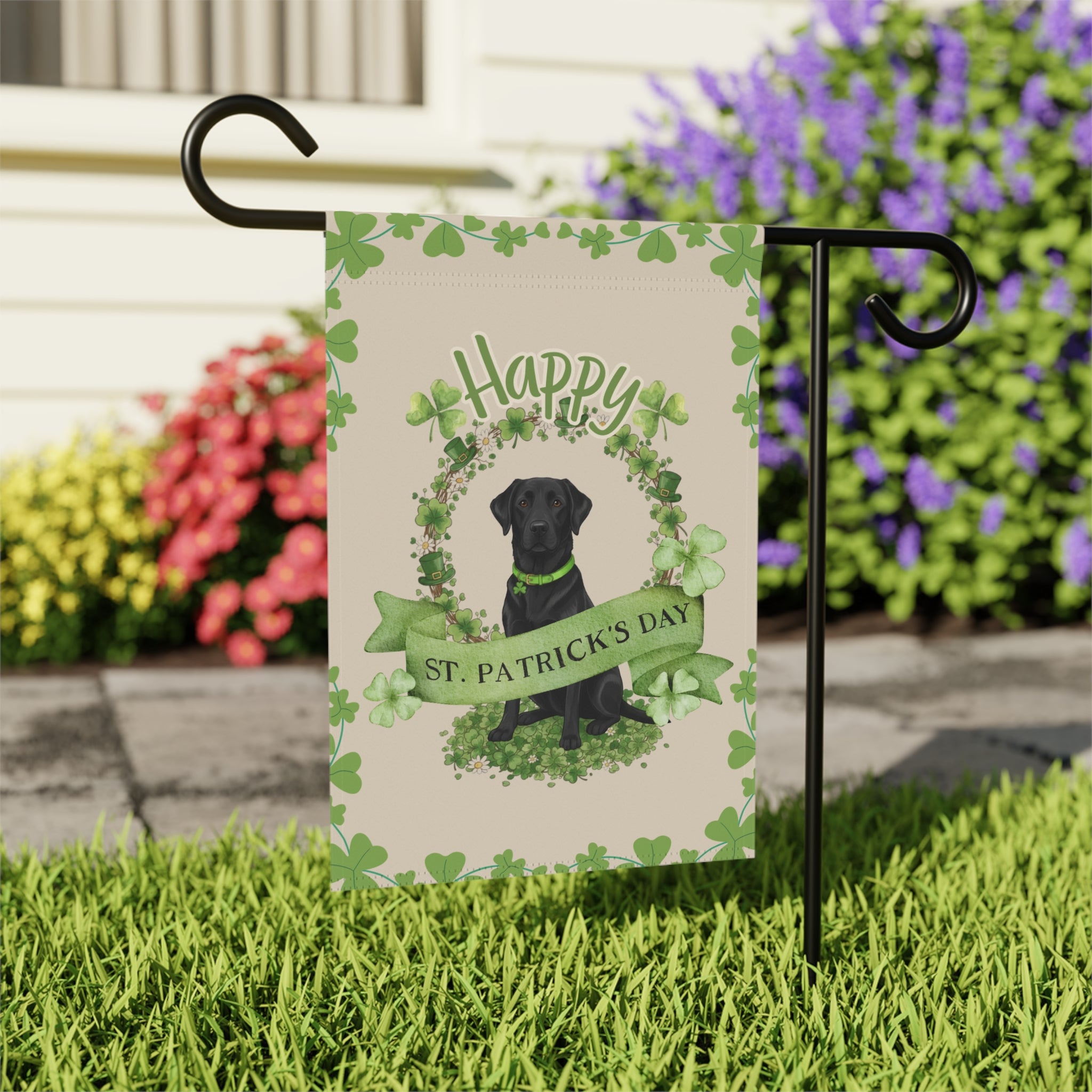 Happy St. Patrick's Day Black Labrador Retriever Garden Flag - outdoor display - Dragonfire Gardens