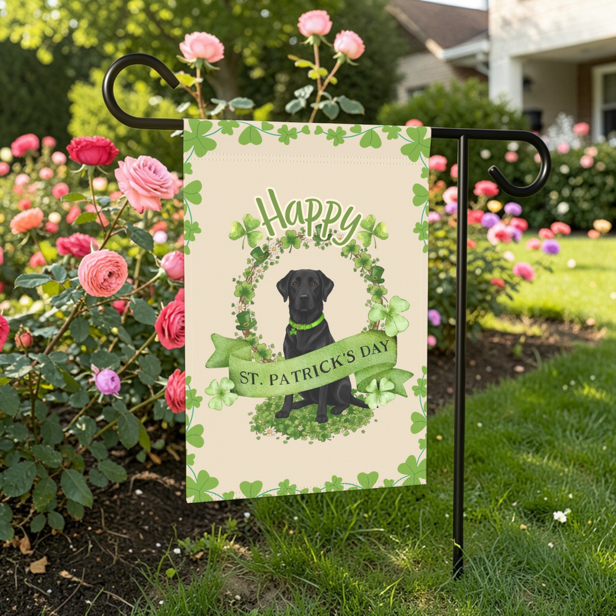 Happy St. Patrick's Day Black Labrador Retriever Garden Flag - size comparison - Dragonfire Gardens