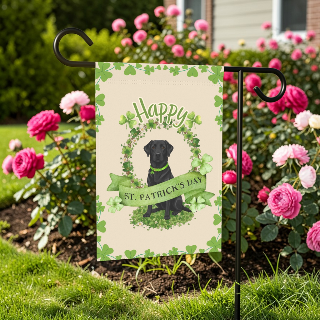 Happy St. Patrick's Day Black Labrador Retriever Garden Flag - front view - Dragonfire Gardens