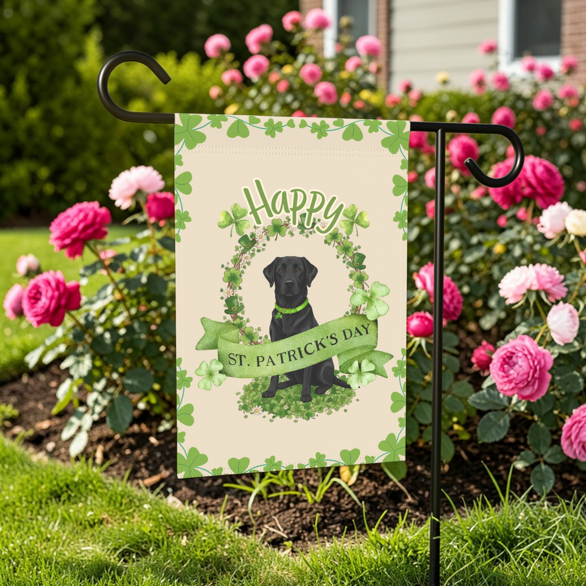 Happy St. Patrick's Day Black Labrador Retriever Garden Flag - front view - Dragonfire Gardens