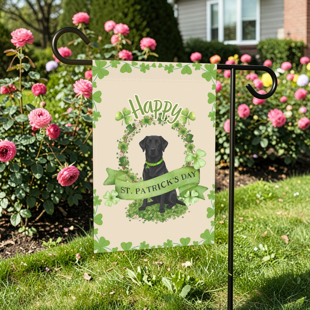 Happy St. Patrick's Day Black Labrador Retriever Garden Flag - lifestyle display - Dragonfire Gardens