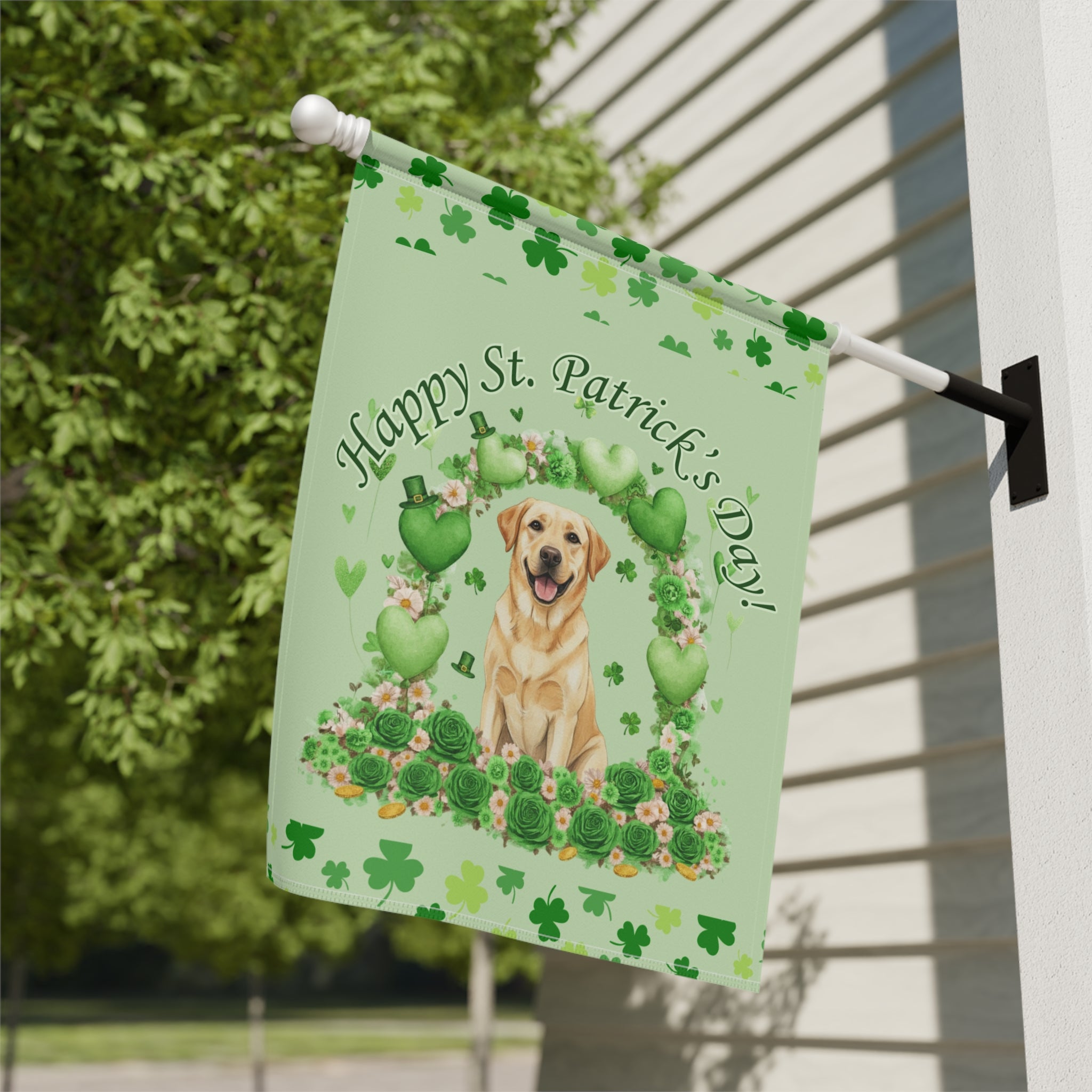 Happy St. Patrick's Day Arch Yellow Labrador Retriever Garden Flag - close-up detail - Dragonfire Gardens