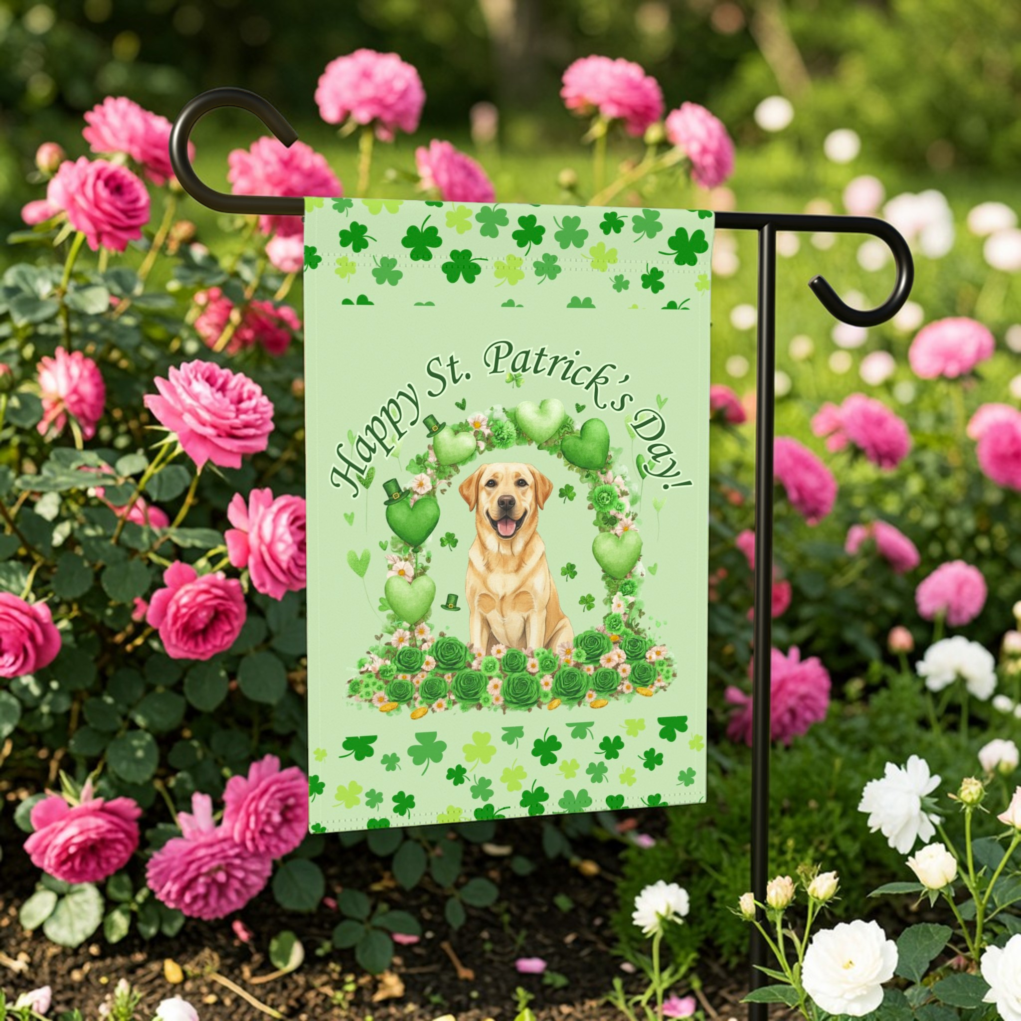 Happy St. Patrick's Day Arch Yellow Labrador Retriever Garden Flag - front view - Dragonfire Gardens