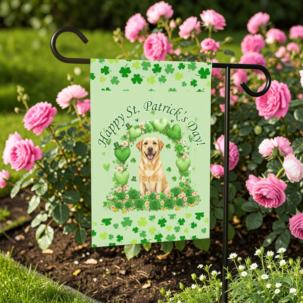 Happy St. Patrick's Day Arch Yellow Labrador Retriever Garden Flag - lifestyle display - Dragonfire Gardens
