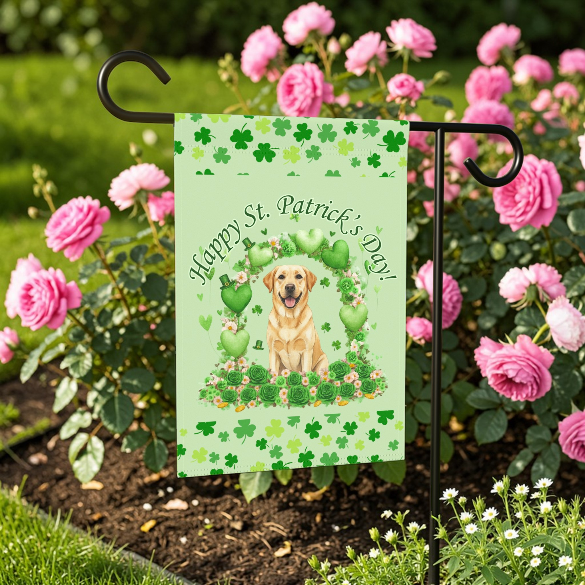 Happy St. Patrick's Day Arch Yellow Labrador Retriever Garden Flag - lifestyle display - Dragonfire Gardens