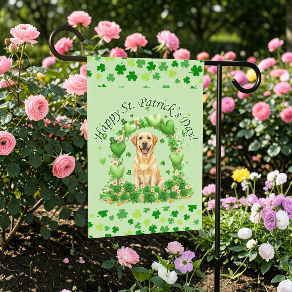 Happy St. Patrick's Day Arch Yellow Labrador Retriever Garden Flag - size comparison - Dragonfire Gardens