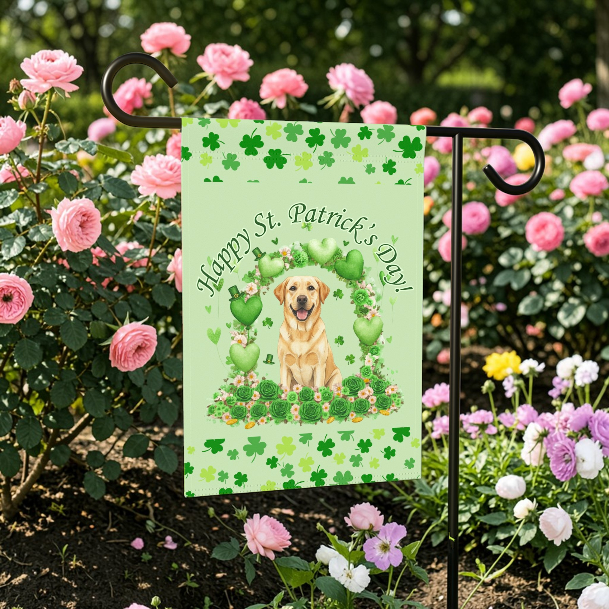 Happy St. Patrick's Day Arch Yellow Labrador Retriever Garden Flag - size comparison - Dragonfire Gardens