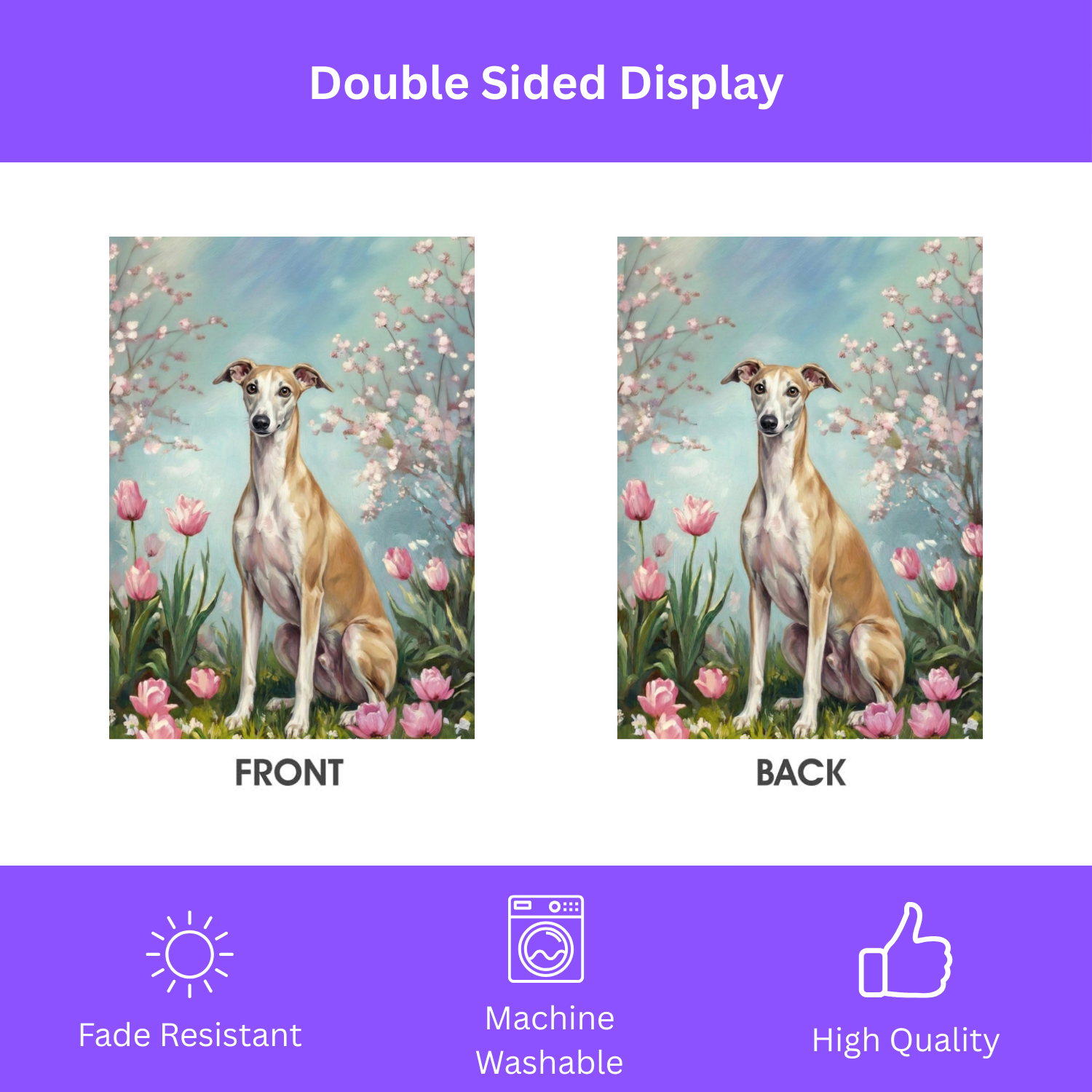 Greyhound in Tulips Spring Garden Flag - double-sided design - Dragonfire Gardens
