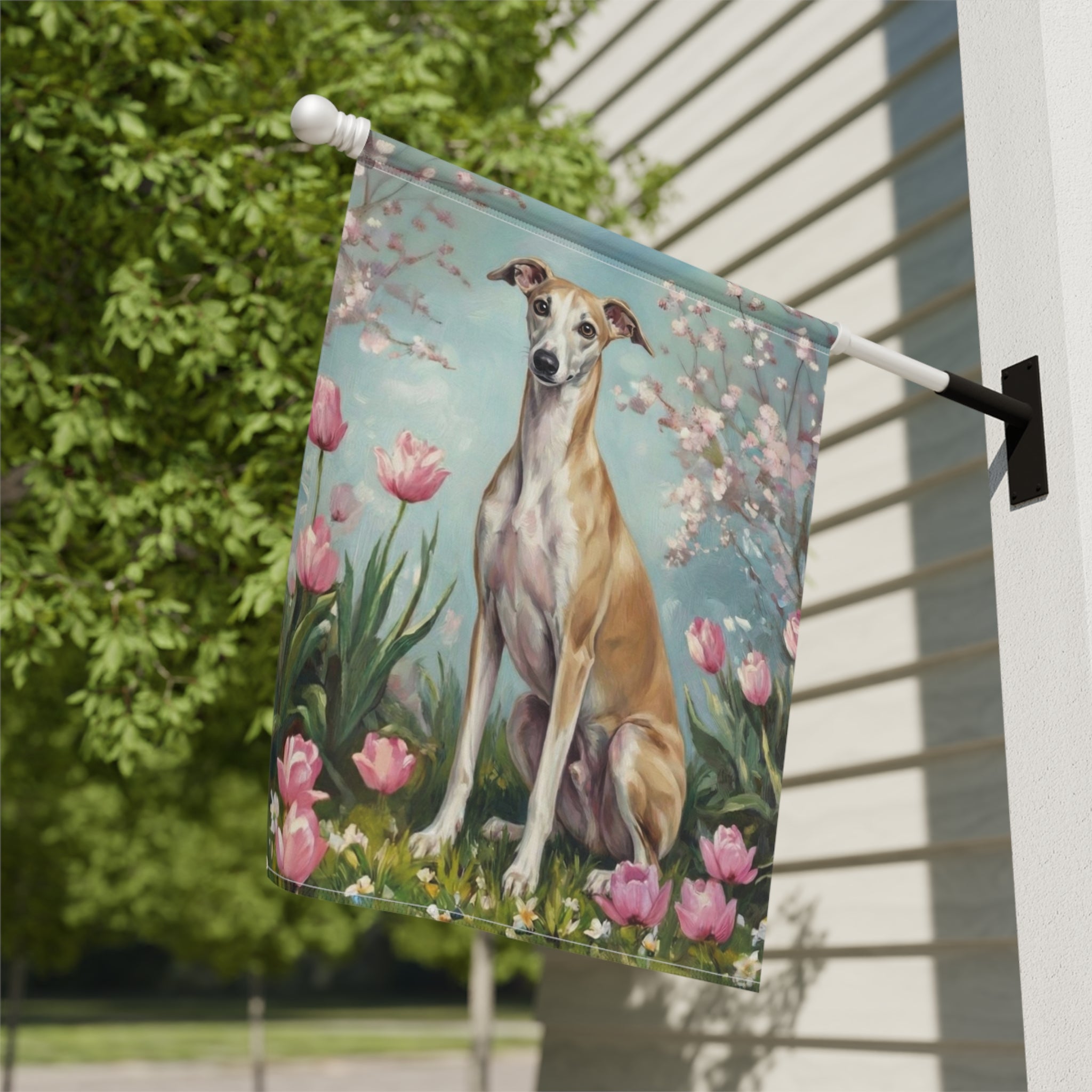 Greyhound in Tulips Spring Garden Flag - close-up detail - Dragonfire Gardens