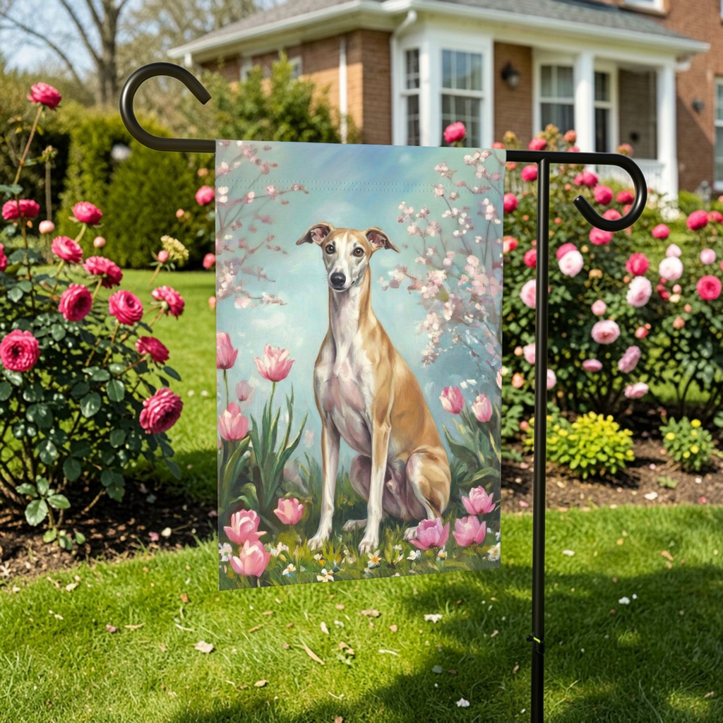 Greyhound in Tulips Spring Garden Flag - front view - Dragonfire Gardens
