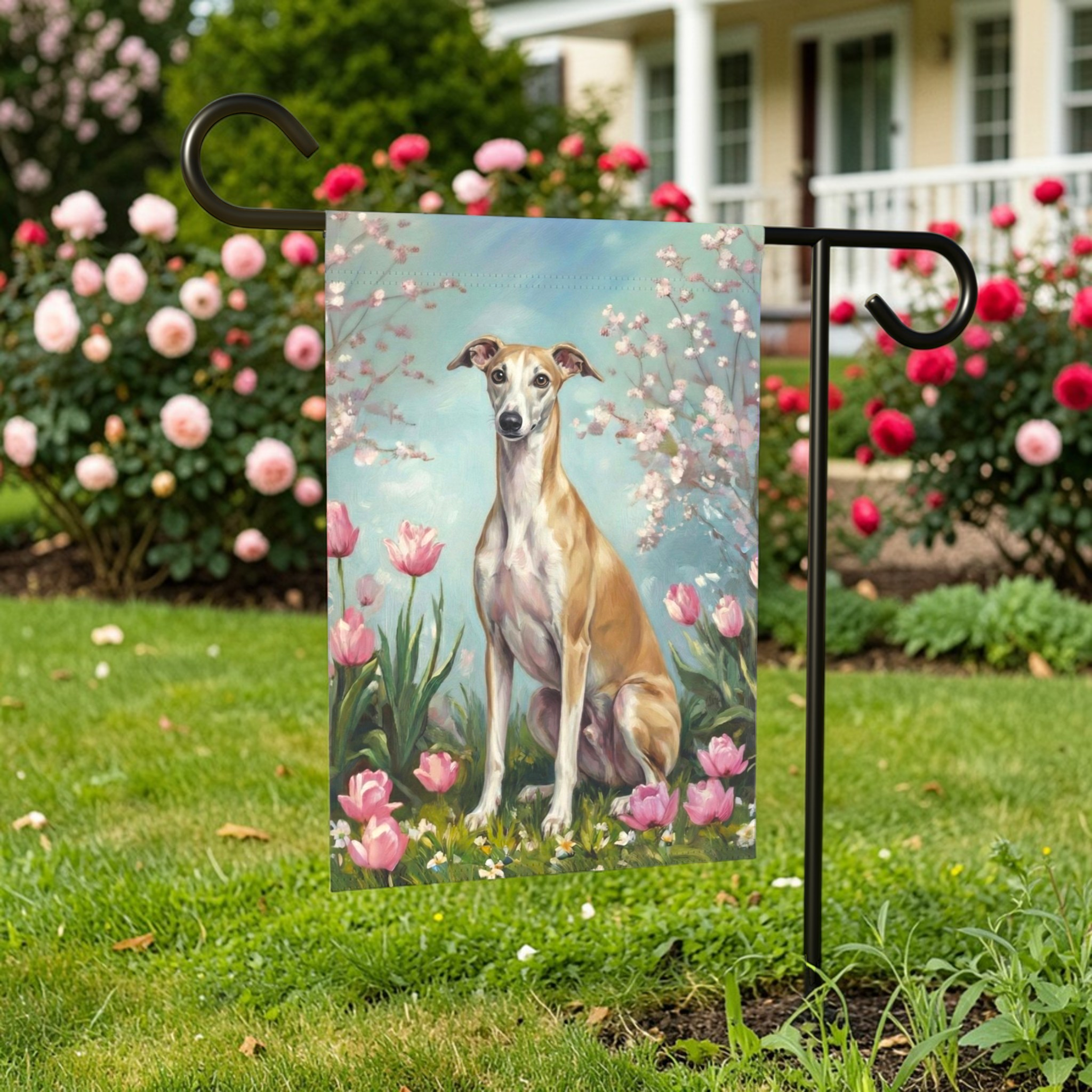 Greyhound in Tulips Spring Garden Flag - lifestyle display - Dragonfire Gardens