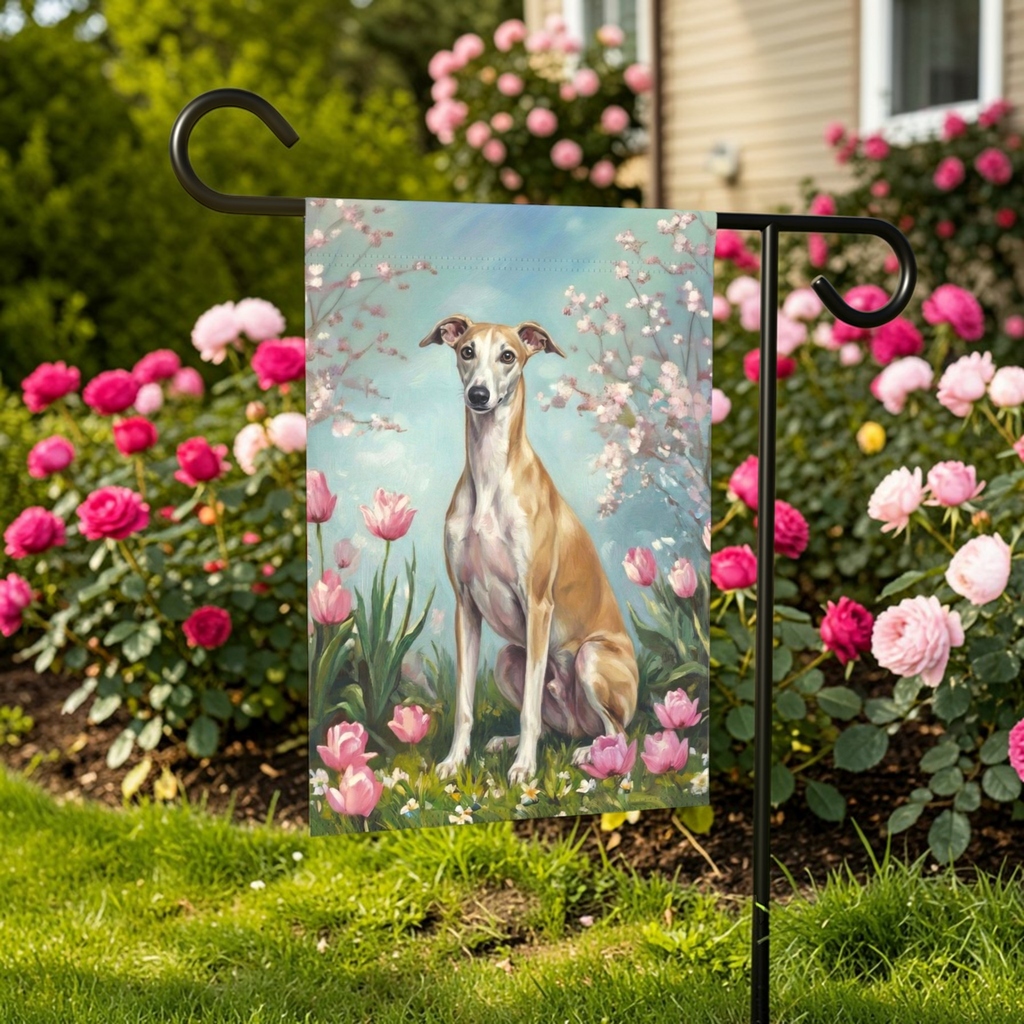 Greyhound in Tulips Spring Garden Flag - size comparison - Dragonfire Gardens
