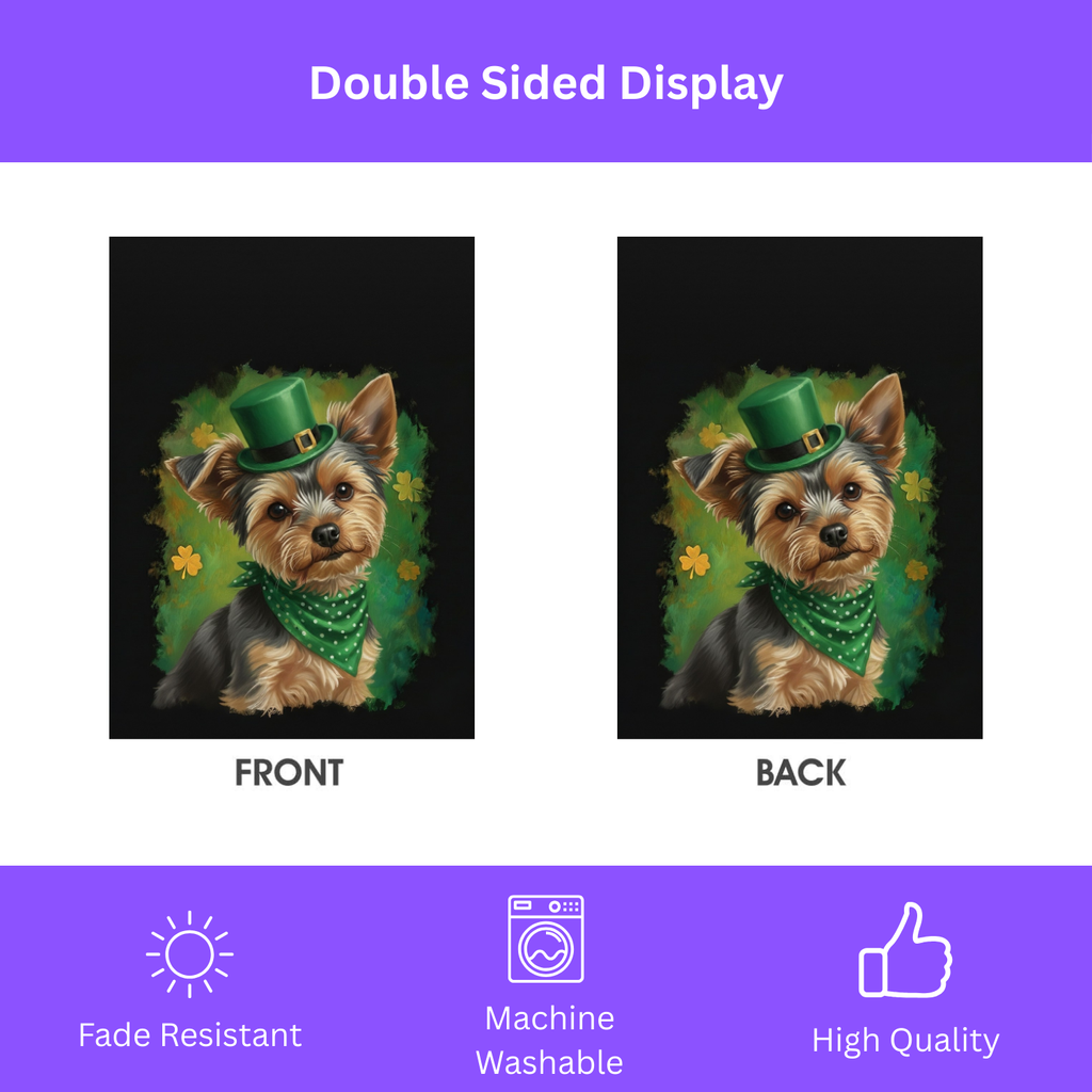 Green Top Hat Yorkshire Terrier St. Patrick's Day Garden Flag - double-sided design - Dragonfire Gardens