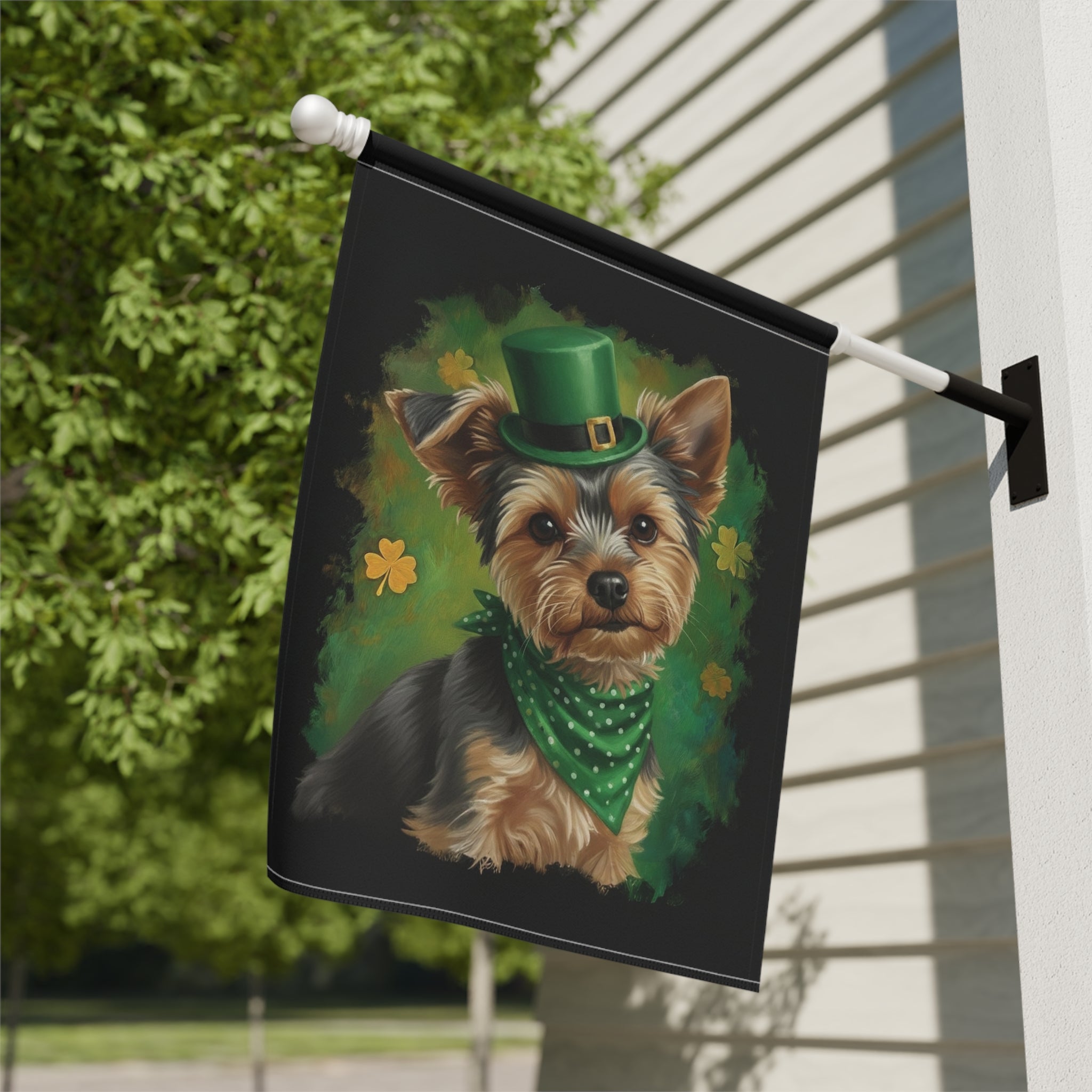 Green Top Hat Yorkshire Terrier St. Patrick's Day Garden Flag - close-up detail - Dragonfire Gardens