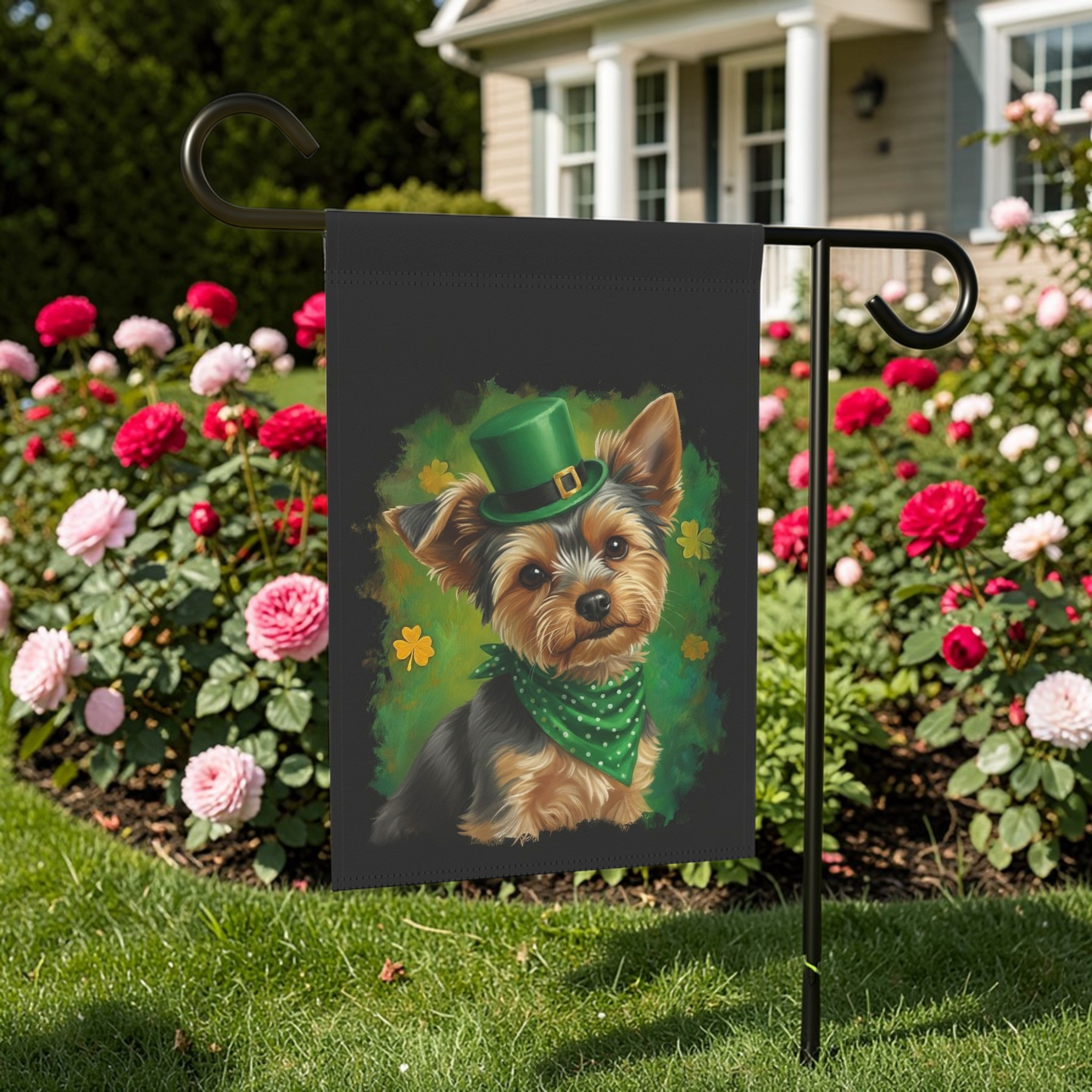 Green Top Hat Yorkshire Terrier St. Patrick's Day Garden Flag - size comparison - Dragonfire Gardens