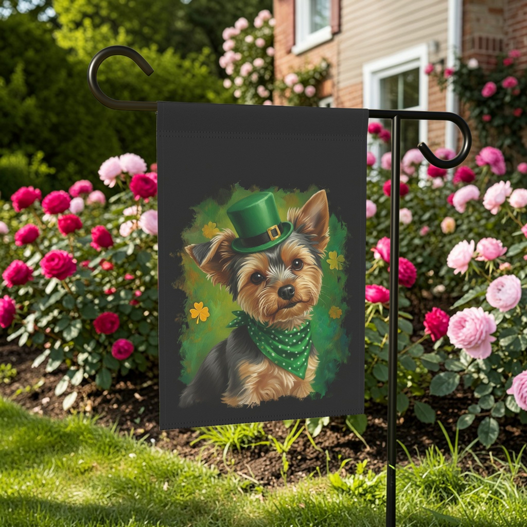 Green Top Hat Yorkshire Terrier St. Patrick's Day Garden Flag - lifestyle display - Dragonfire Gardens