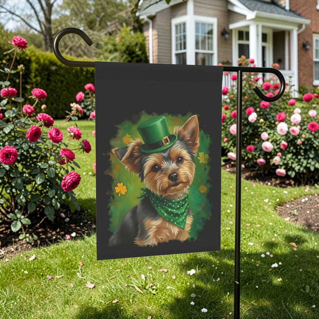 Green Top Hat Yorkshire Terrier St. Patrick's Day Garden Flag - front view - Dragonfire Gardens