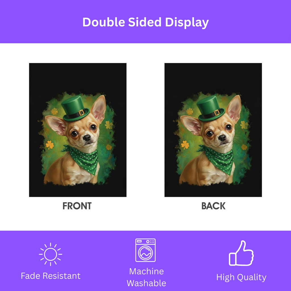 Green Top Hat Chihuahua St. Patrick’s Garden Flag - double-sided design - Dragonfire Gardens
