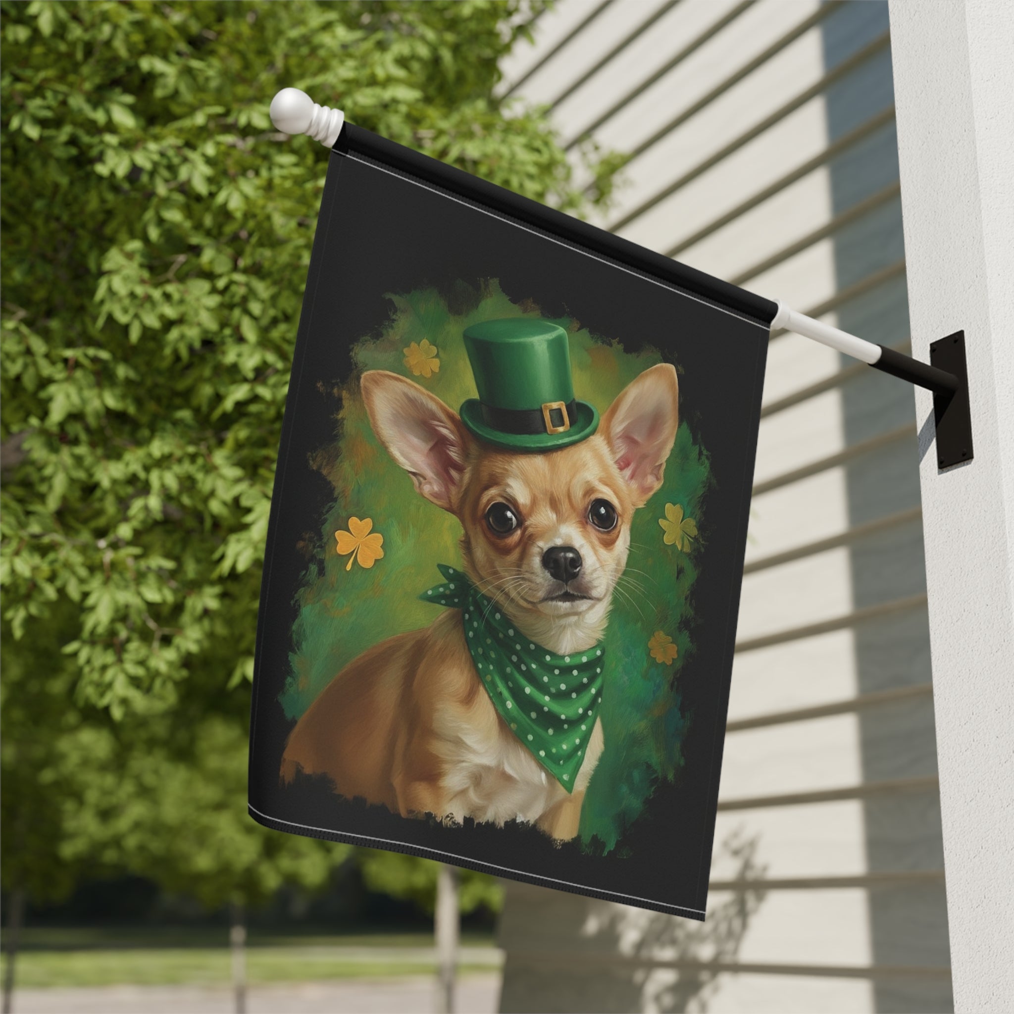 Green Top Hat Chihuahua St. Patrick’s Garden Flag - close-up detail - Dragonfire Gardens