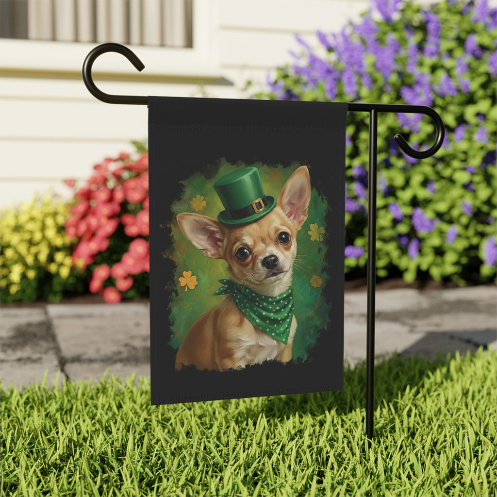 Green Top Hat Chihuahua St. Patrick’s Garden Flag - outdoor display - Dragonfire Gardens