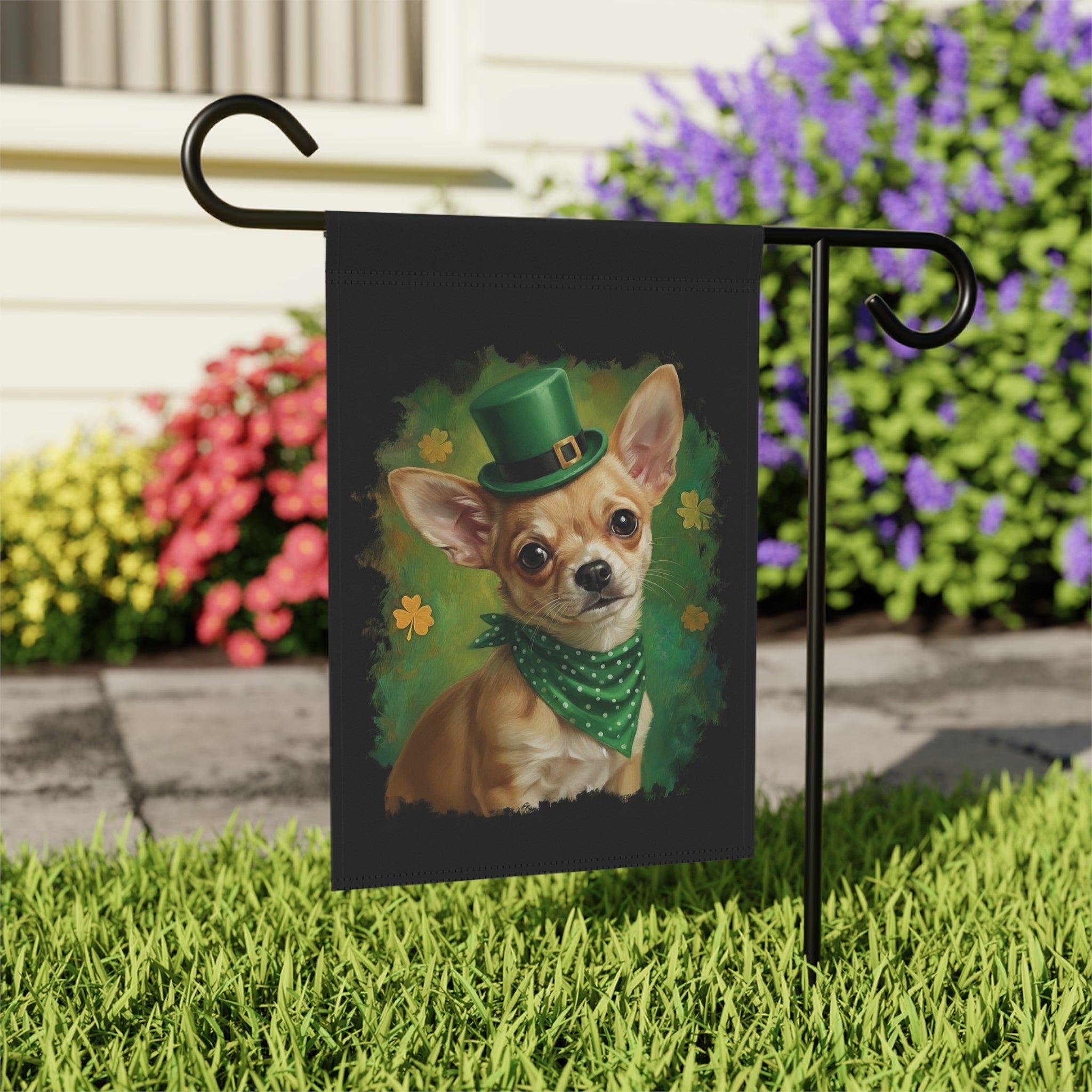 Green Top Hat Chihuahua St. Patrick’s Garden Flag - outdoor display - Dragonfire Gardens