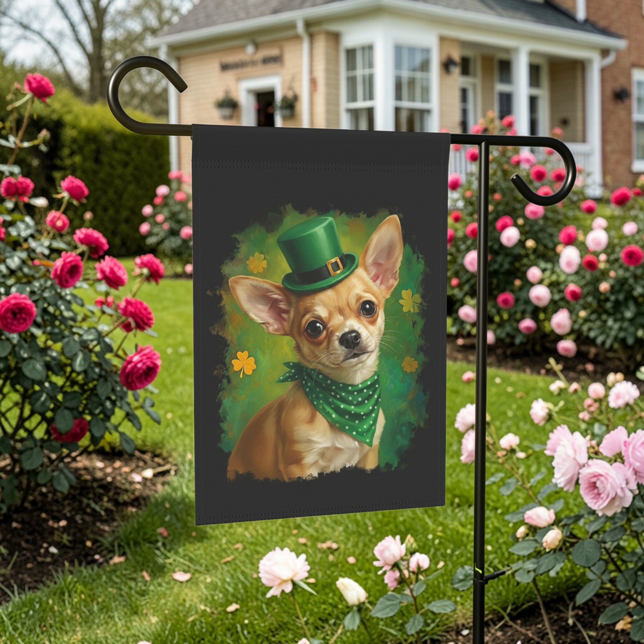 Green Top Hat Chihuahua St. Patrick’s Garden Flag - size comparison - Dragonfire Gardens