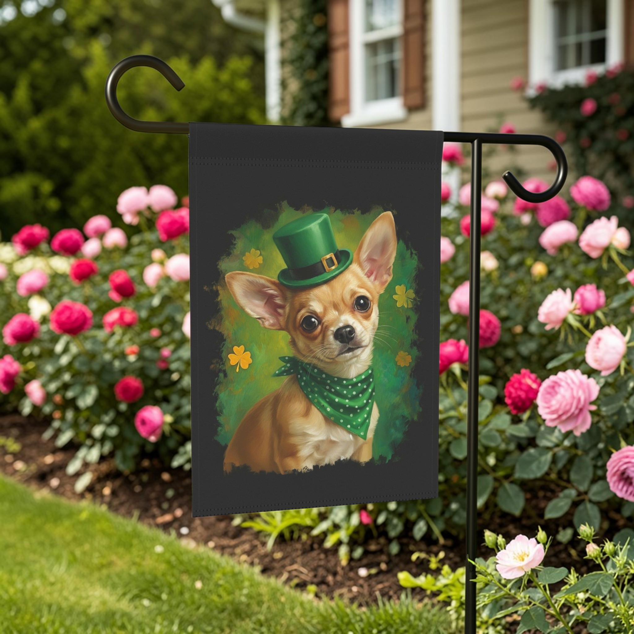 Green Top Hat Chihuahua St. Patrick’s Garden Flag - front view - Dragonfire Gardens