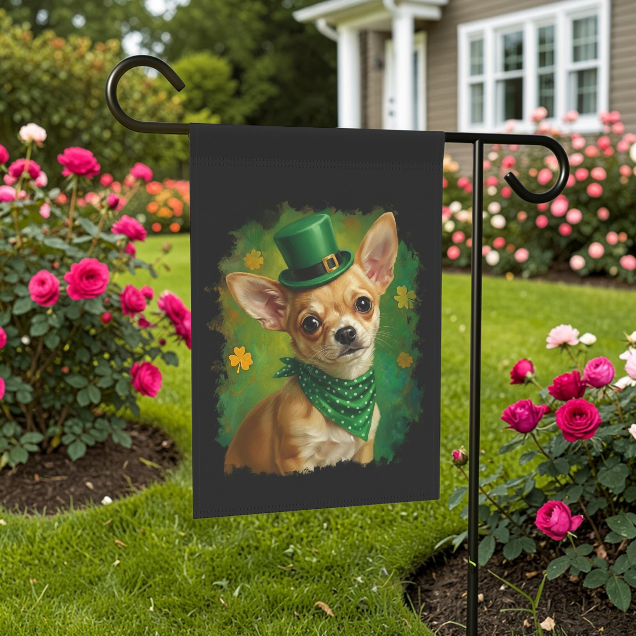 Green Top Hat Chihuahua St. Patrick’s Garden Flag - lifestyle display - Dragonfire Gardens
