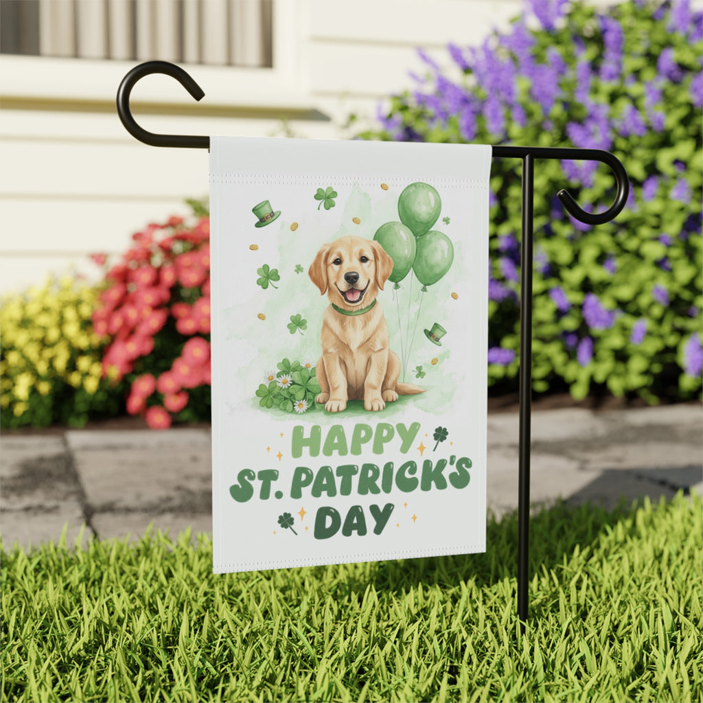 Golden Retriever Puppy St. Patrick's Day Garden Flag - outdoor display - Dragonfire Gardens