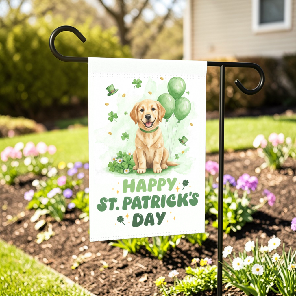 Golden Retriever Puppy St. Patrick's Day Garden Flag - front view - Dragonfire Gardens