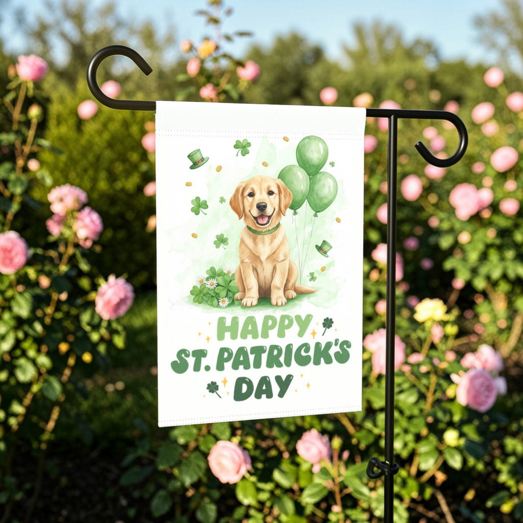 Golden Retriever Puppy St. Patrick's Day Garden Flag - size comparison - Dragonfire Gardens