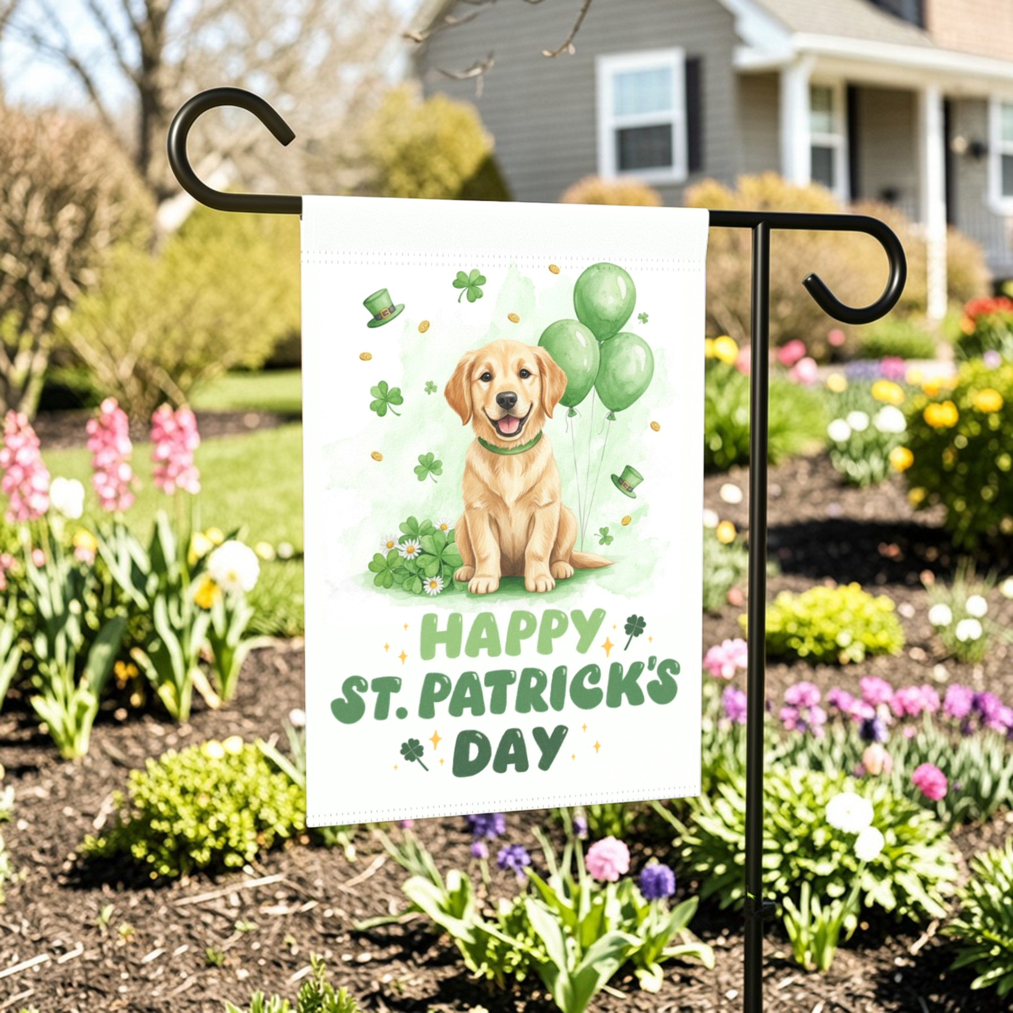 Golden Retriever Puppy St. Patrick's Day Garden Flag - lifestyle display - Dragonfire Gardens