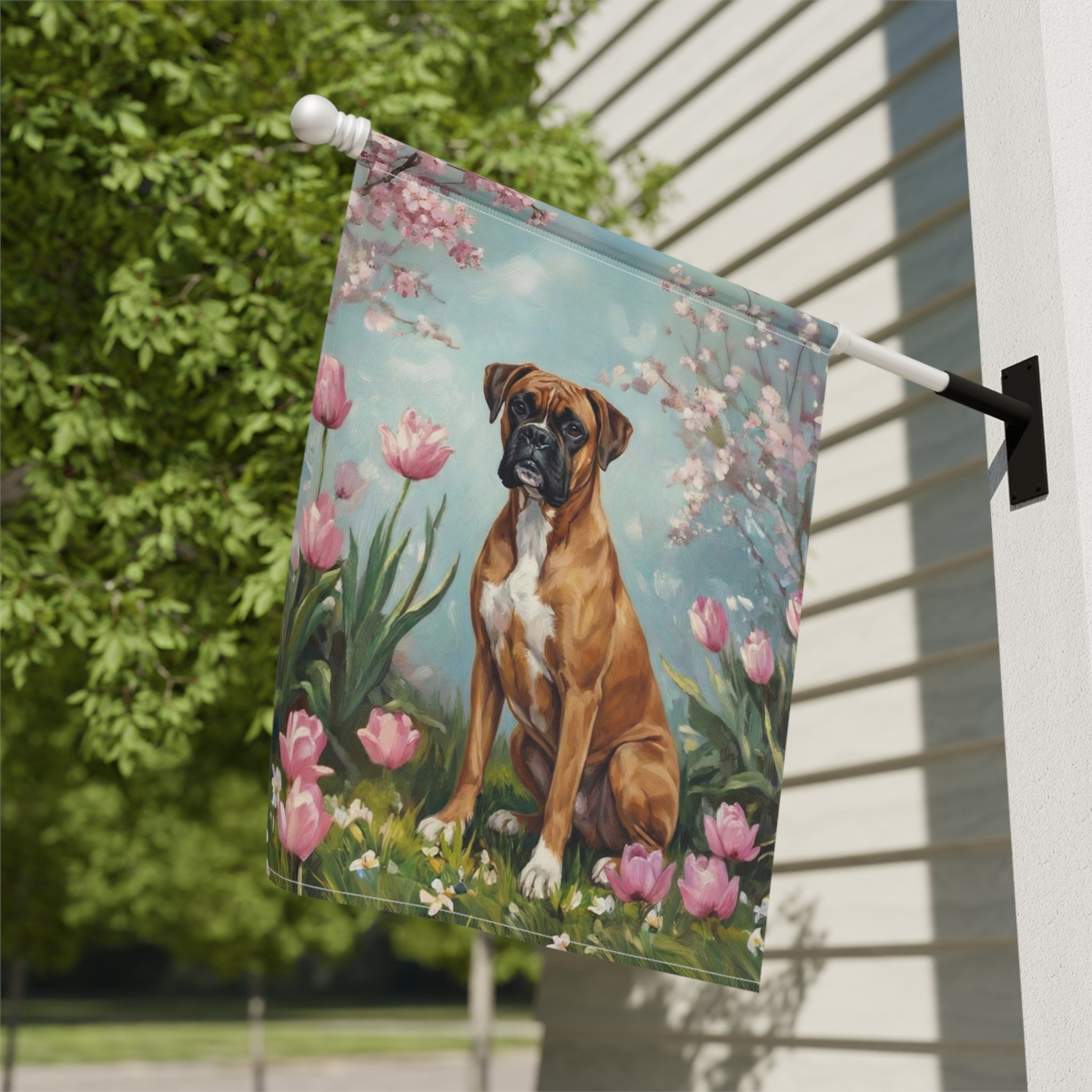 Boxer In Tulips Spring Garden Flag